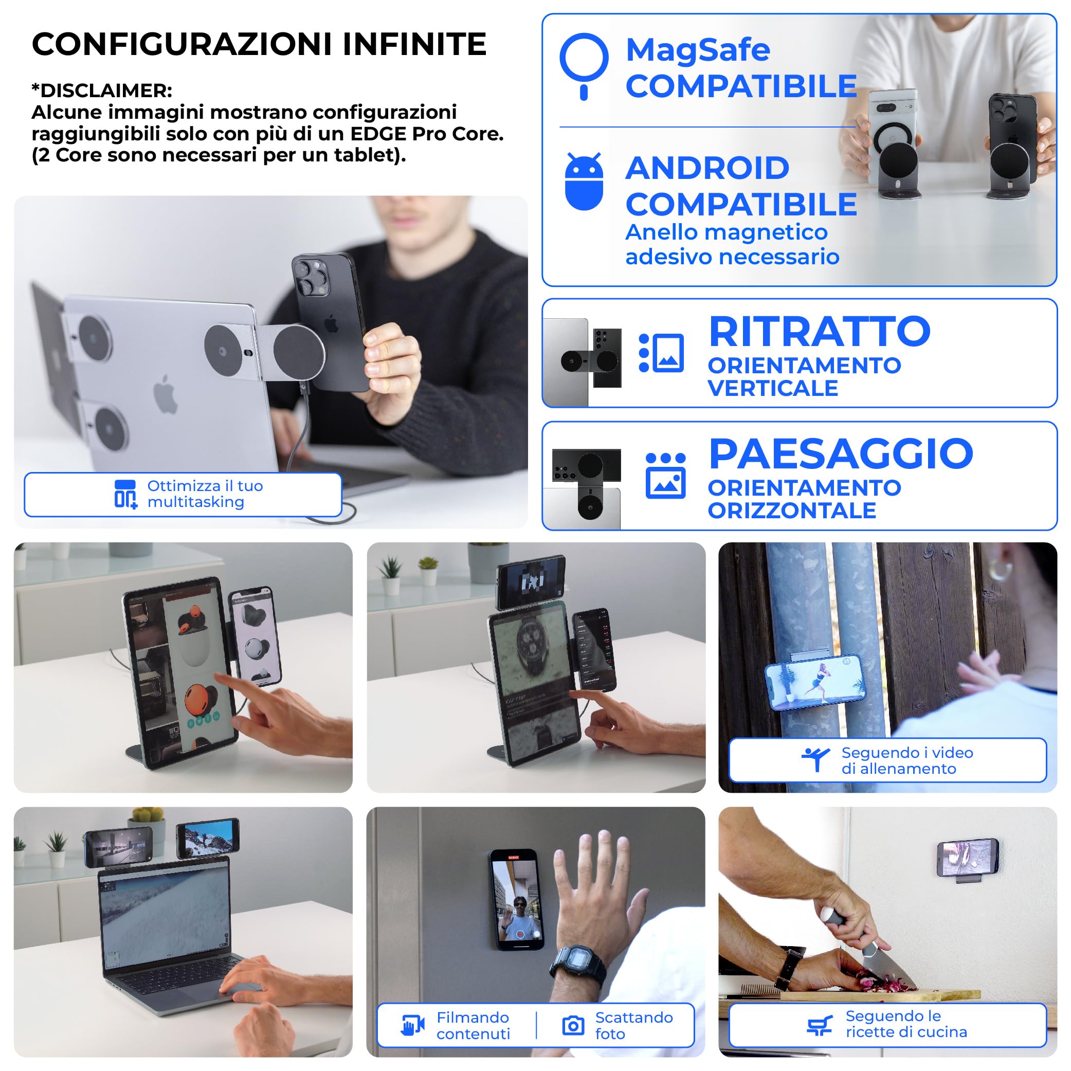 Rolling Square Edge Pro Core - Sostegno Magnetico per Tablet e Cellulare, Accessorio per Smartworking e Produttività, Compatibile con Magsafe, Nero