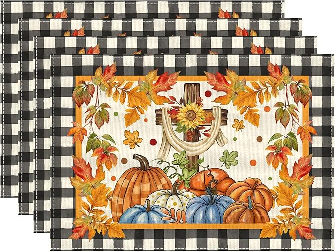XCHI Fall Cross Maple Leaves Pumpkin Plaid Placemats Set of