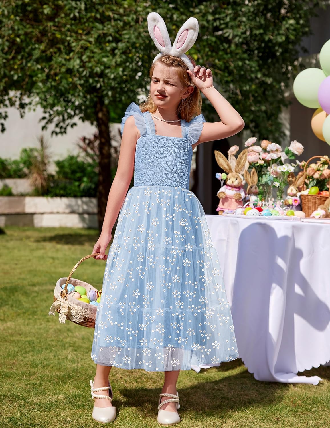 Arshiner Tween Girls Dress Ruffle Sleeve Elastic Straps Smocked A-Line Tulle Summer Long Patry Birthday Sundress - Image 5