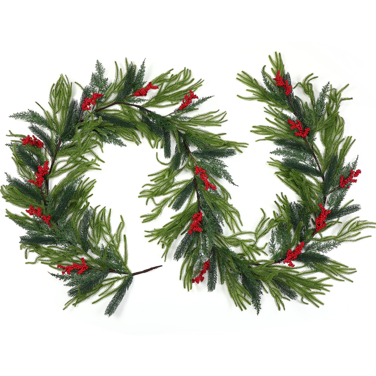 Wavwavw Guirnalda de pino artificial de Norfolk de 9 pies, guirnalda de cedro de invierno, guirnalda de Navidad para Navidad, invierno, hogar, oficina, chimenea, centro de mesa (bayas rojas)