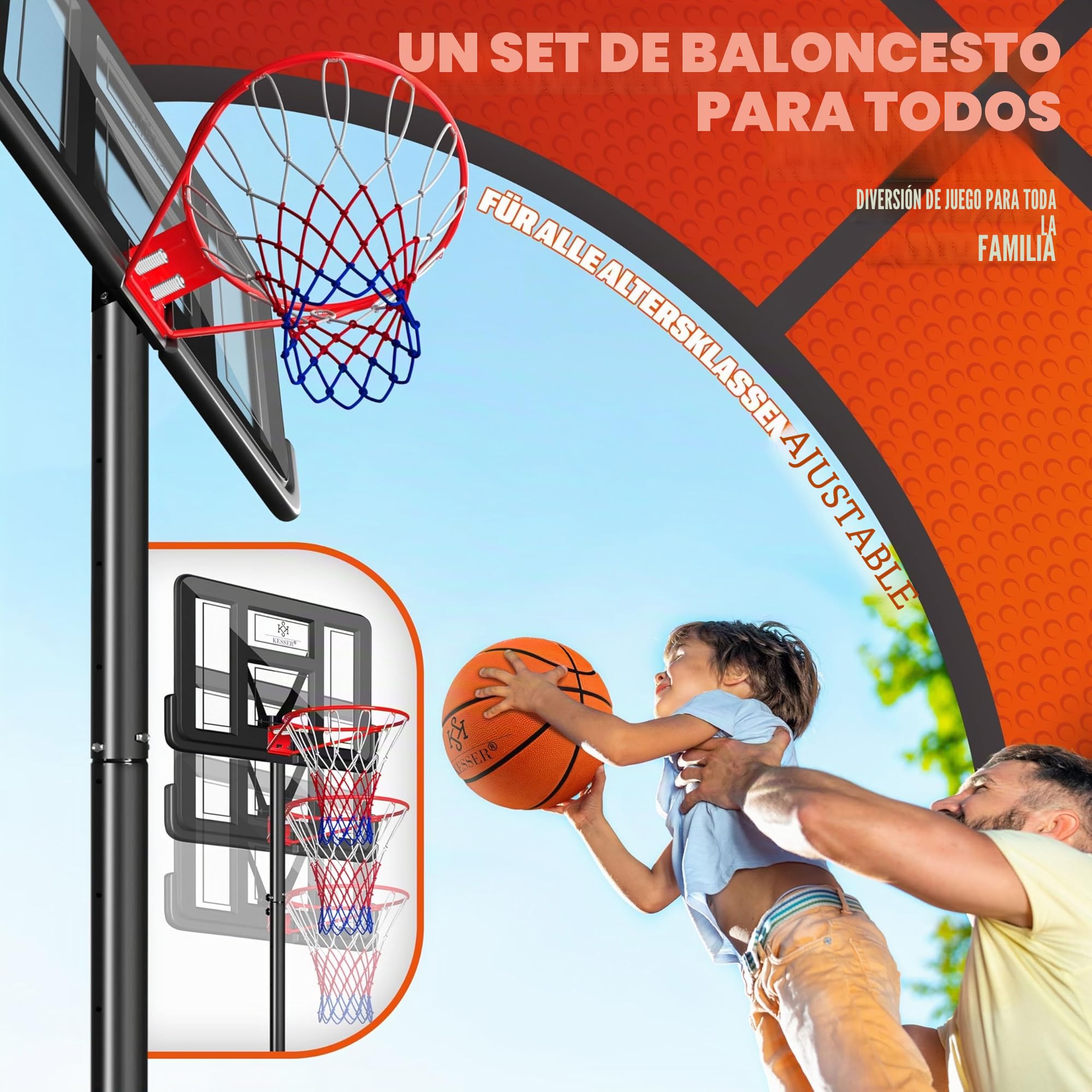 KESSER Canasta de Baloncesto Premium 230-305 cm Altura Regulable Base Ruedas Balón Inflador