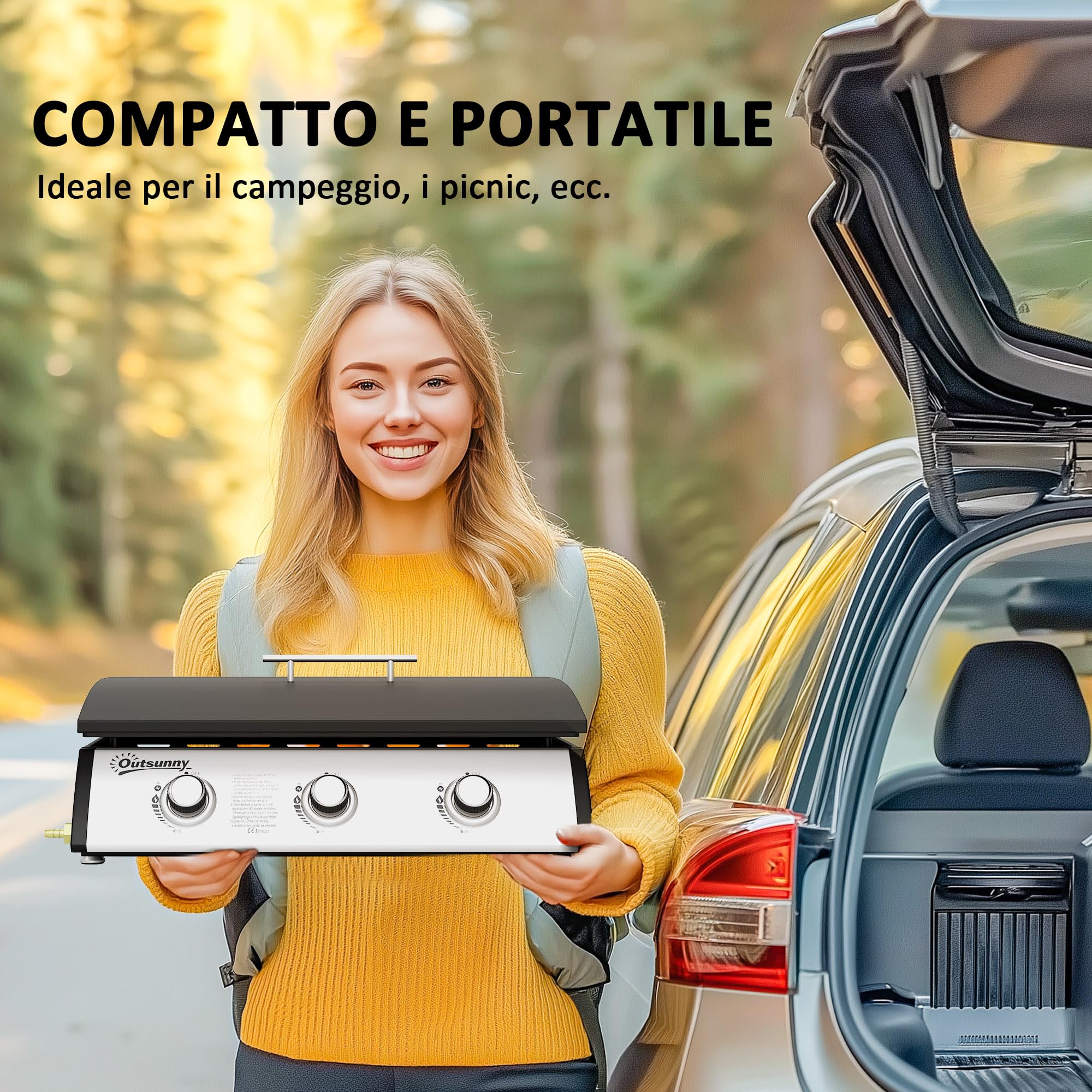 Outsunny Barbecue a Gas 3 Bruciatori 7.5kW Griglia Portatile 61x35.5cm Nero
