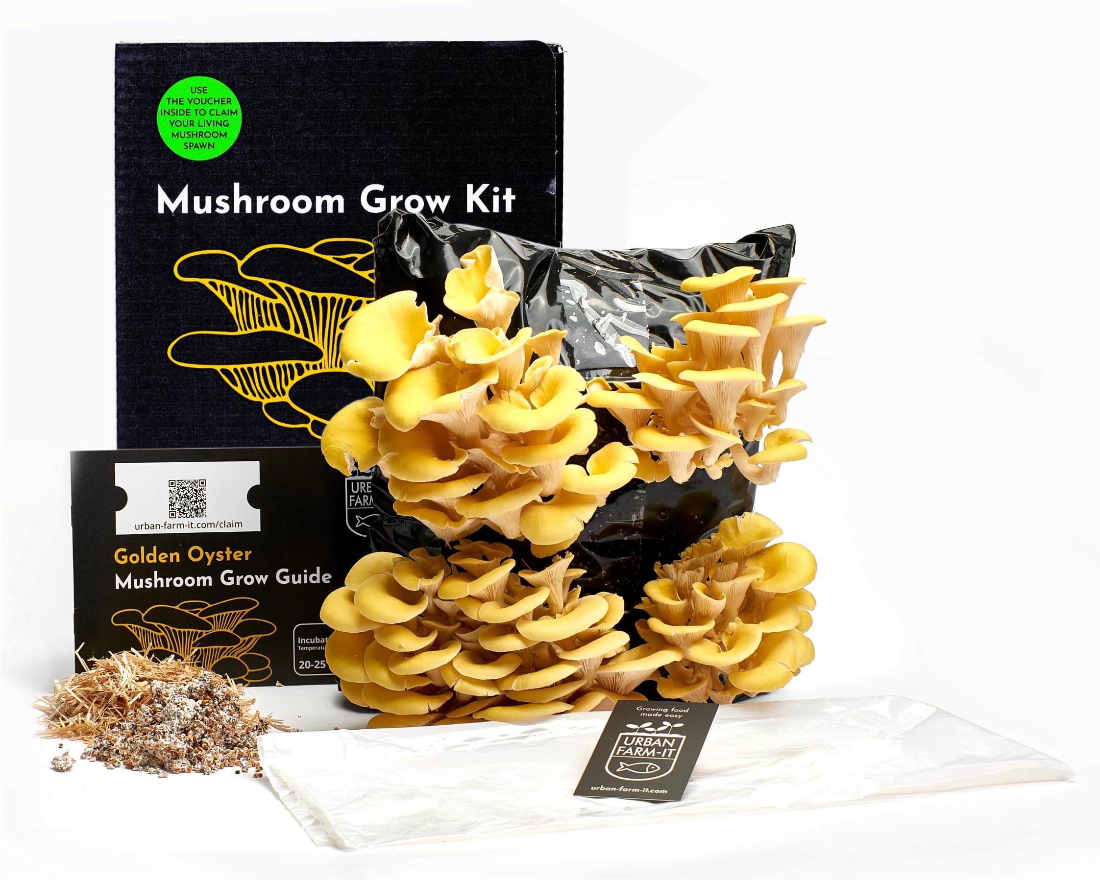 Urban Farm-It Mushroom Growing Kit (XL Gold) | Gardening Gifts for Women, Men & Kids | with Voucher to Claim Living Spawn Separately for Better Yield | Fun, Easy to Use & Delicious to Eat