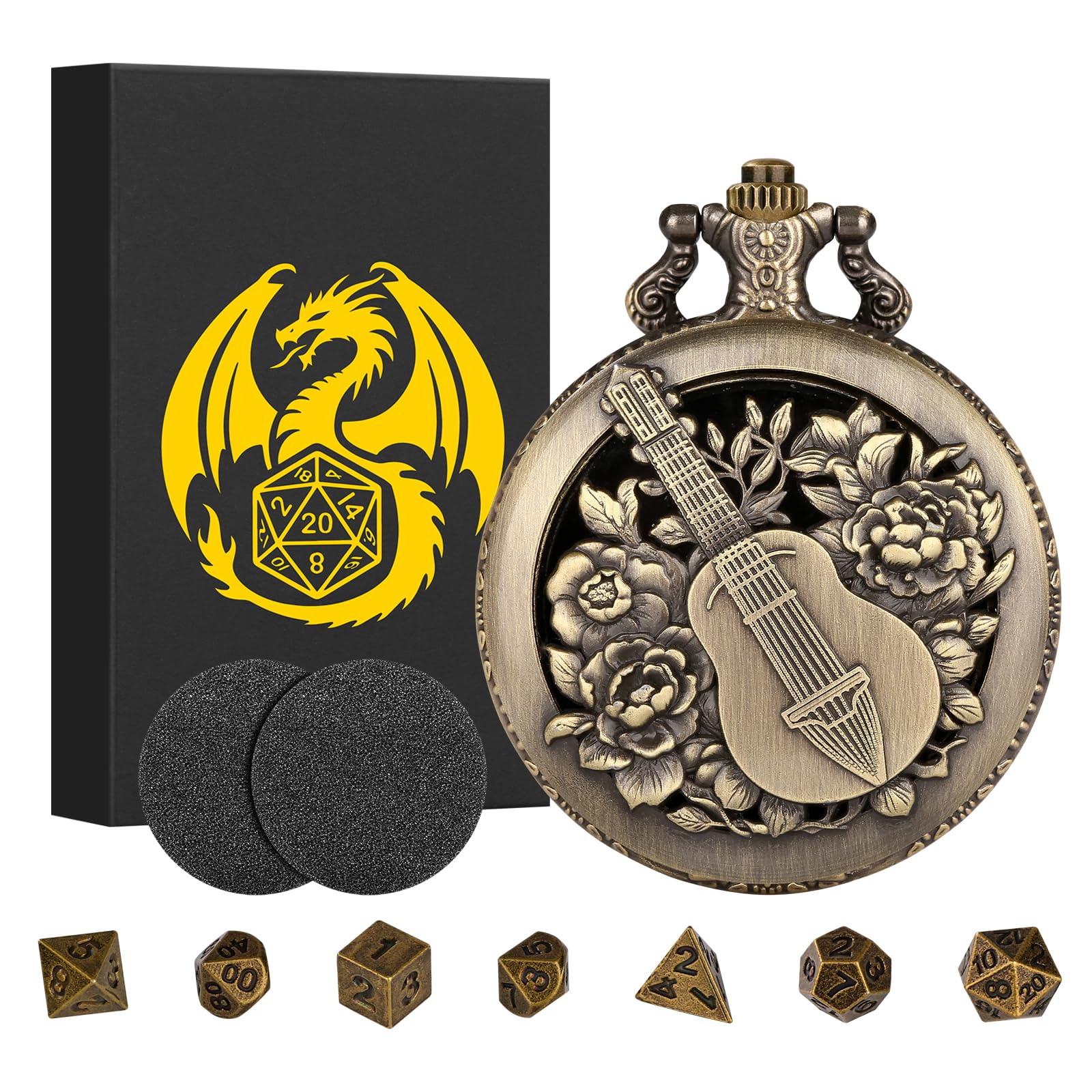 Mini DND Dice Set Steampunk Hollow Bard Pocket Watch Shell Case, 7pcs Tiny Polyhedral Metal D&D Dice Set, DND Gifts with Gift Box, Role Playing Board Games Accessories, Bronze