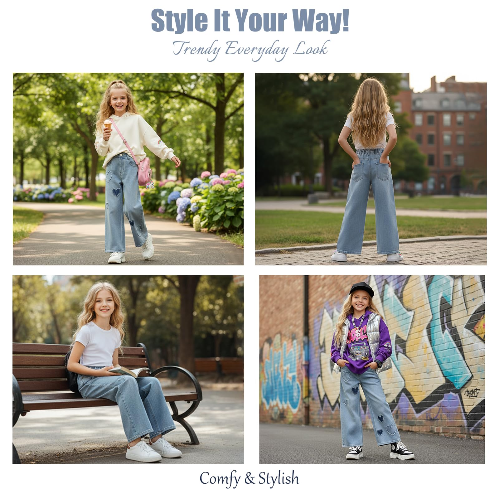Jeans larghi a gamba larga da ragazza, pantaloni elasticizzati in denim a vita alta, casual, pantaloni hip hop a forma di cuore sciolto per bambini dai 6 ai 15 anni
