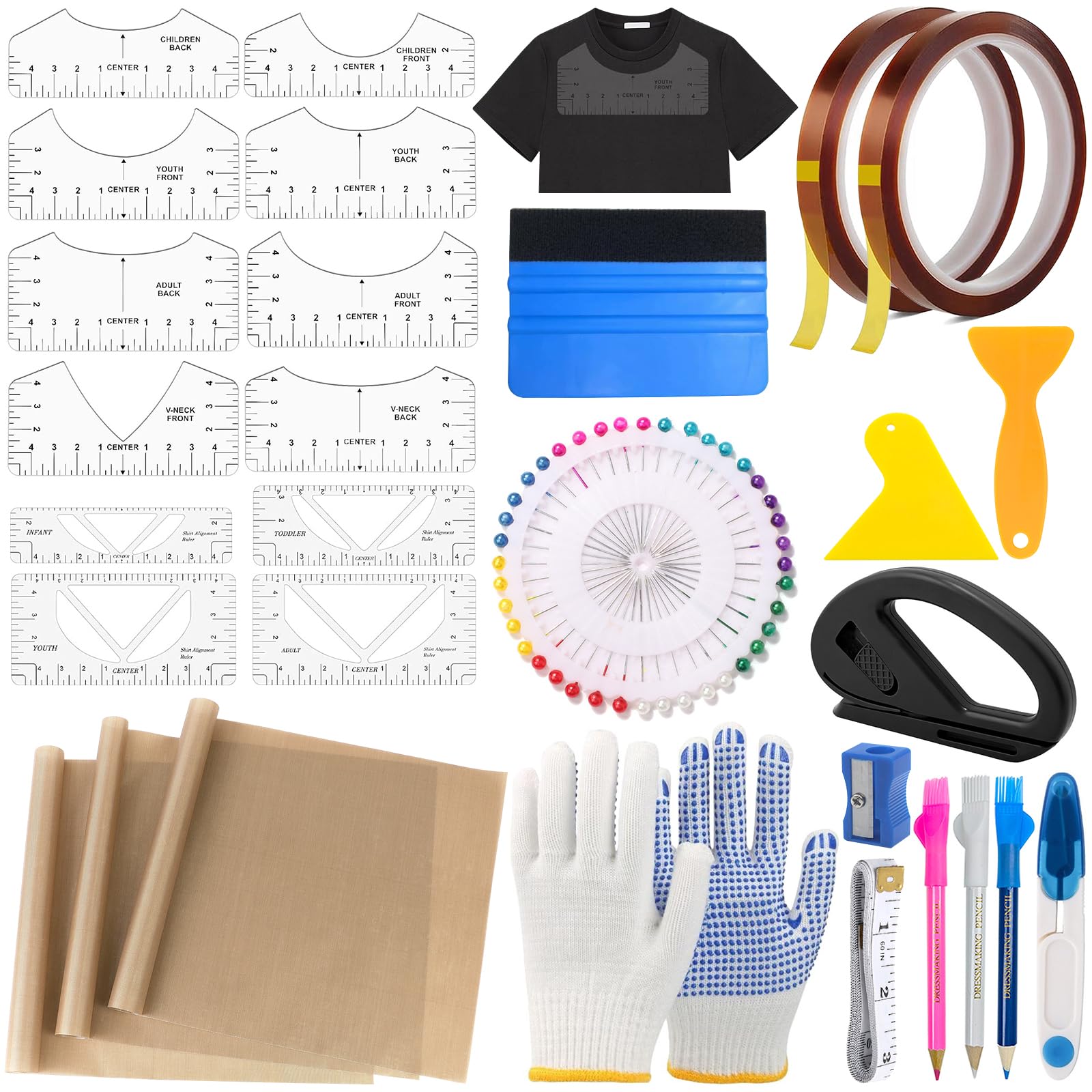 29 pezzi maglietta a sublimazione set di attrezzi per magliette, righello di allineamento, accessori con 3 pellicole di teflon per pressa di calore, 2 rotoli di nastro adesivo resistente al calore
