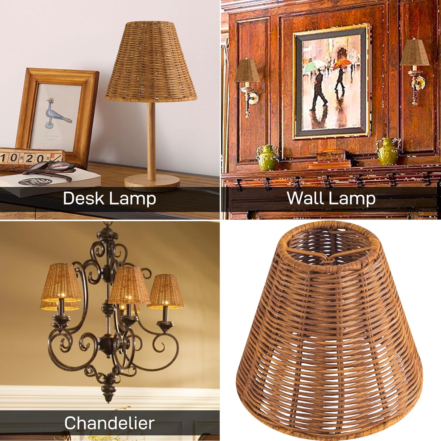 GO&SO Small Rattan Lamp Shades Set of 1, Boho Clip-On Chandelier Lamp Shade, 3" Top x 6" Bottom x 5.25" High, Wicker Table Lamp Shade for Replacement Farmhouse Lampshade for Wall Sconces,Desk Lamps