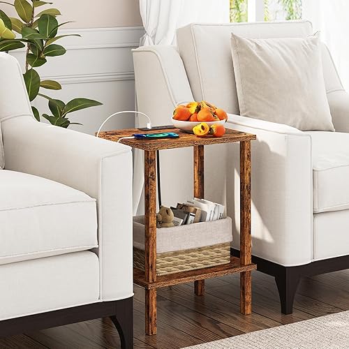 Miniatura 6 de TUTOTAK Mesa auxiliar con estación de carga, juego de 2, mesa auxiliar pequeña con tomas, mesita de noche, estante de almacenamiento de 2 niveles