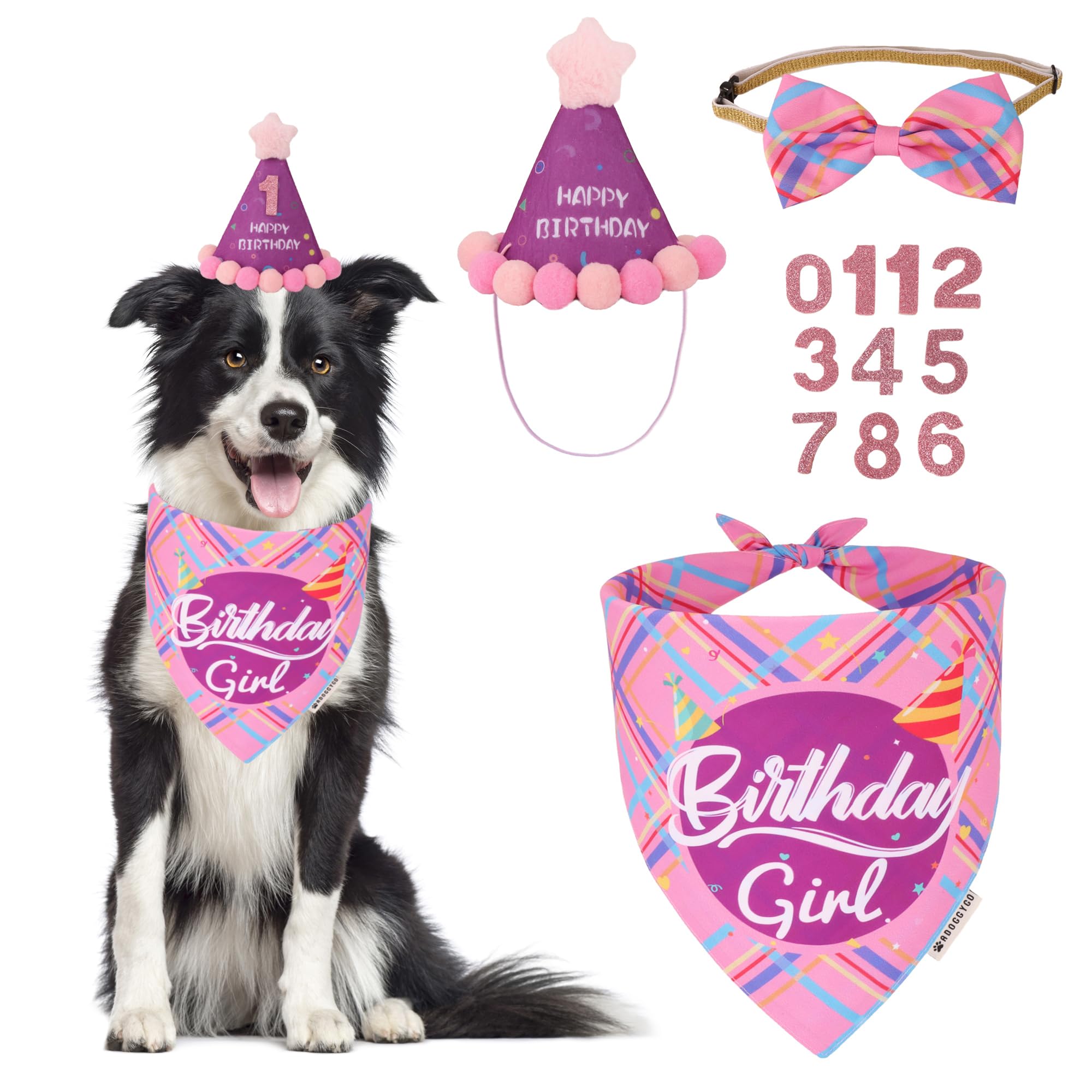 ADOGGYGO Dog Birthday Party Supplies, Pink Birthday Girl Pet Bandana Hat Bowtie Set for Medium Large Dogs (Large)