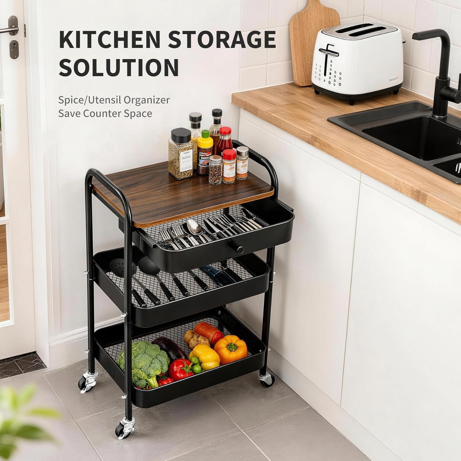 3-Tier Rolling Storage Cart with Wooden Top and Drawer, Metal Mesh Mobile Utility Cart with Handle and Lockable Wheels, Multipurpose Organizer Trolley for Kitchen, Living Room, Bathroom,Office