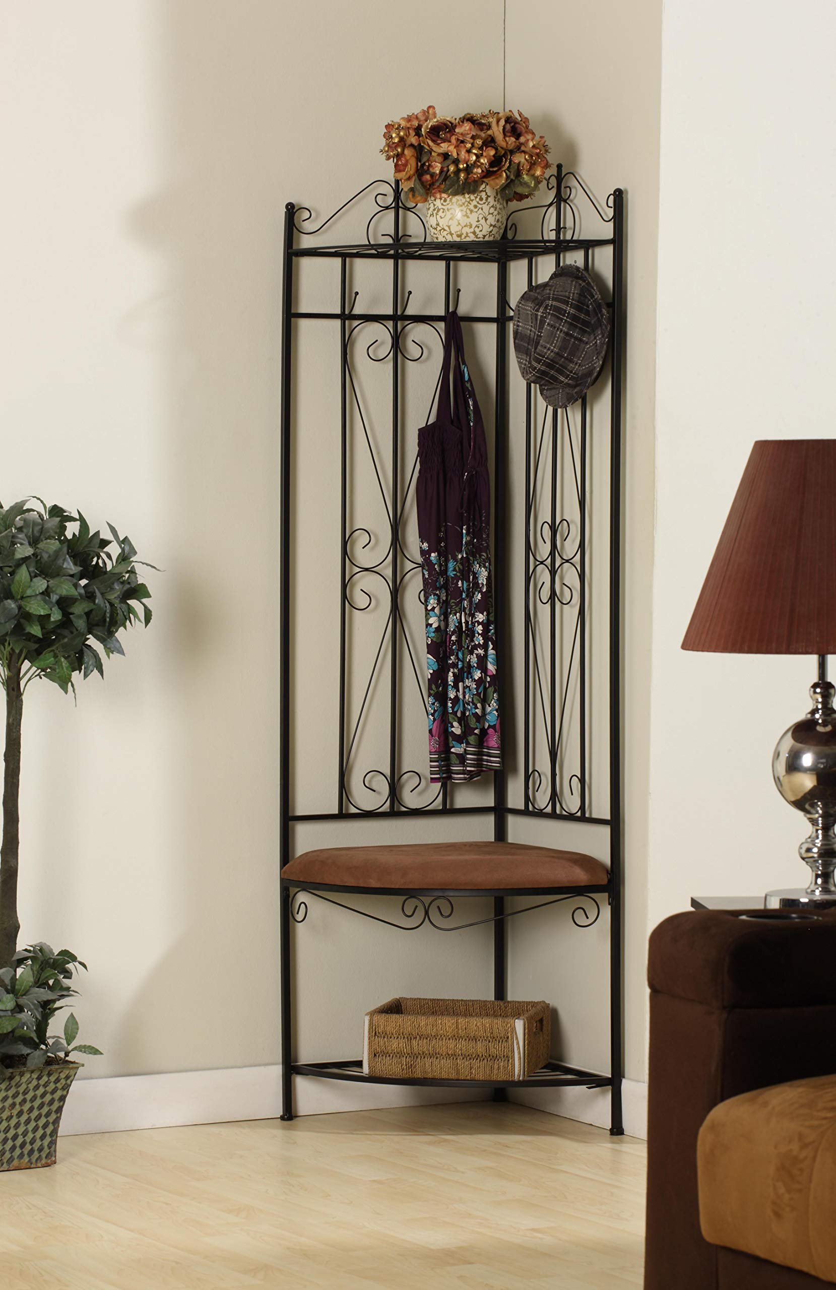 Pilaster Designs Clifland 6-Hook Metal Hall Tree with Bench and Storage in Black