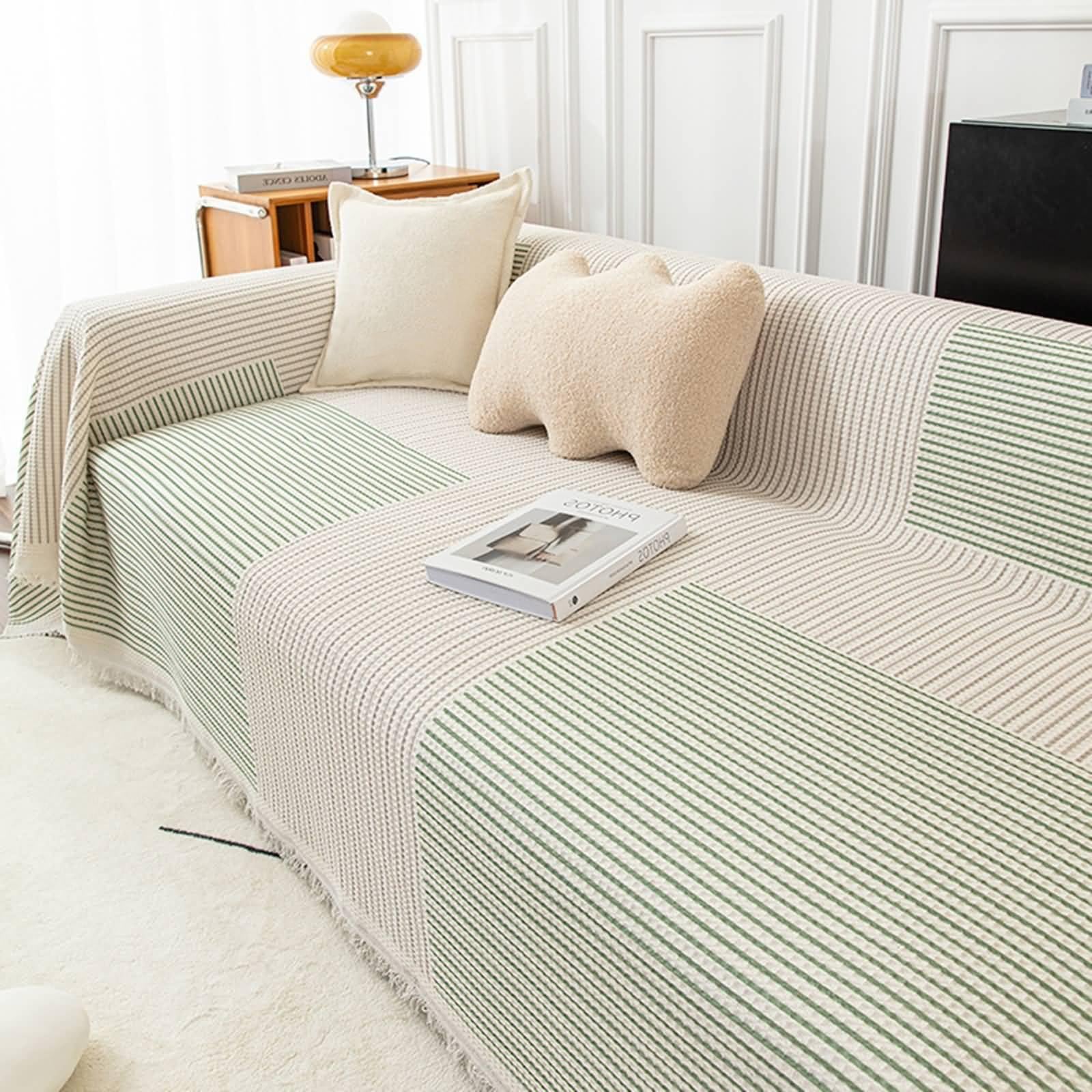 Chair Cover, Green Cotton Outdoor Couch Cover Thin Stripes with Tassel 4 Seater(200X360CM)