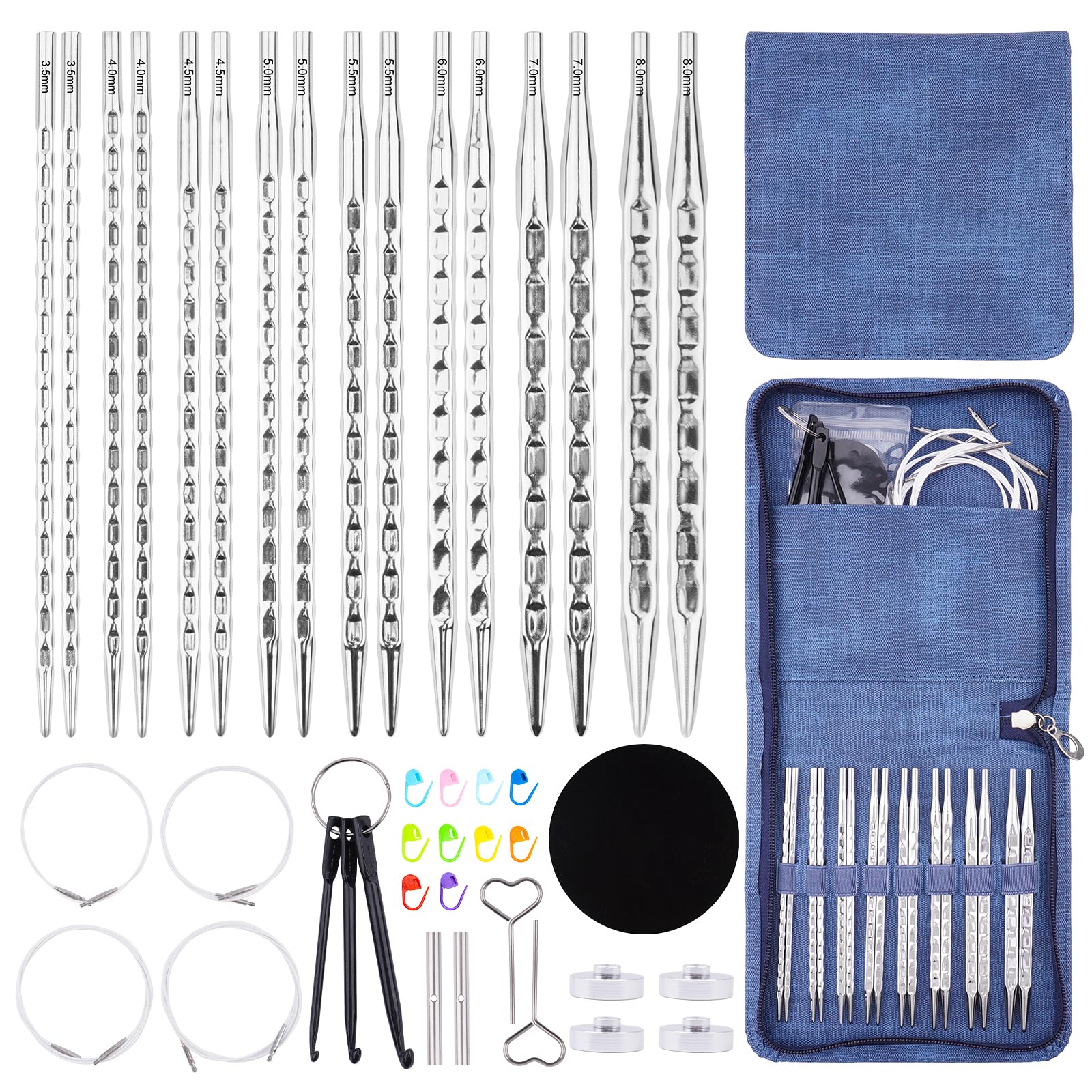 BsHooker Austauschbares quadratisches Stricknadel-Set mit Etui, 3,5 mm - 8 mm | 8 Paar runde Aluminium-Stricknadeln, 4 Kabel, ergonomisches Nadel-Set