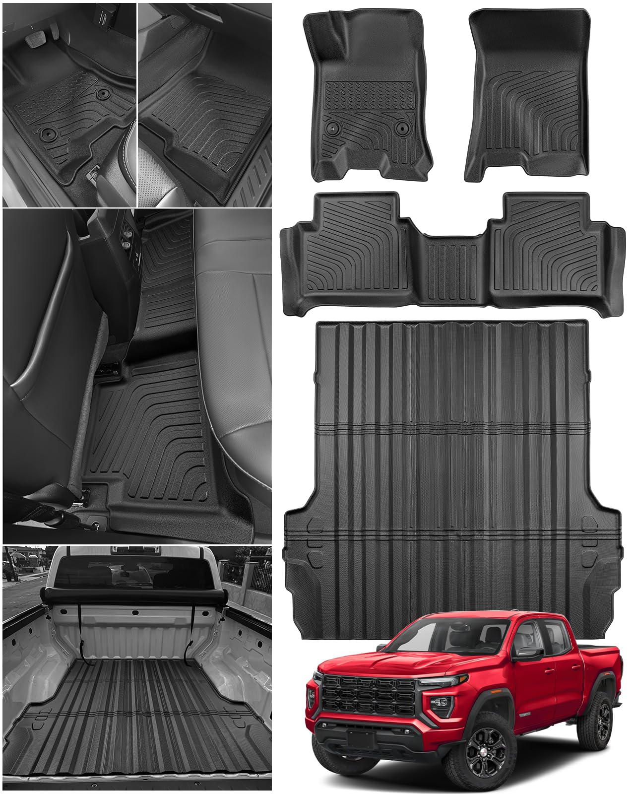 Floor & Bed Mats for Colorado Canyon: 2023 2024 2025 2026, Truck Liners Car Accessories Custom Fit for Chevy Chevrolet Colorado for GMC Canyon 5FT, All Weather Rubber TPE Heavy Duty Full Set Carpet
