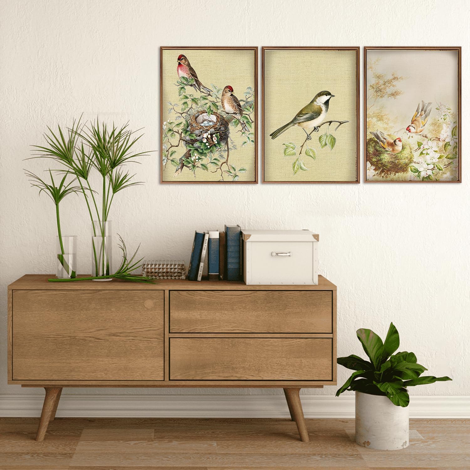 LHIUEM Birds Pictures Wall Decor(12”X16”) Spring Hummingbird Canvas Wall Art Framed Farmhouse Bird Botanical Art Prints Bird Nest Eggs Poster Birds Themed Vintage Framed Art for Bedroom Living Room