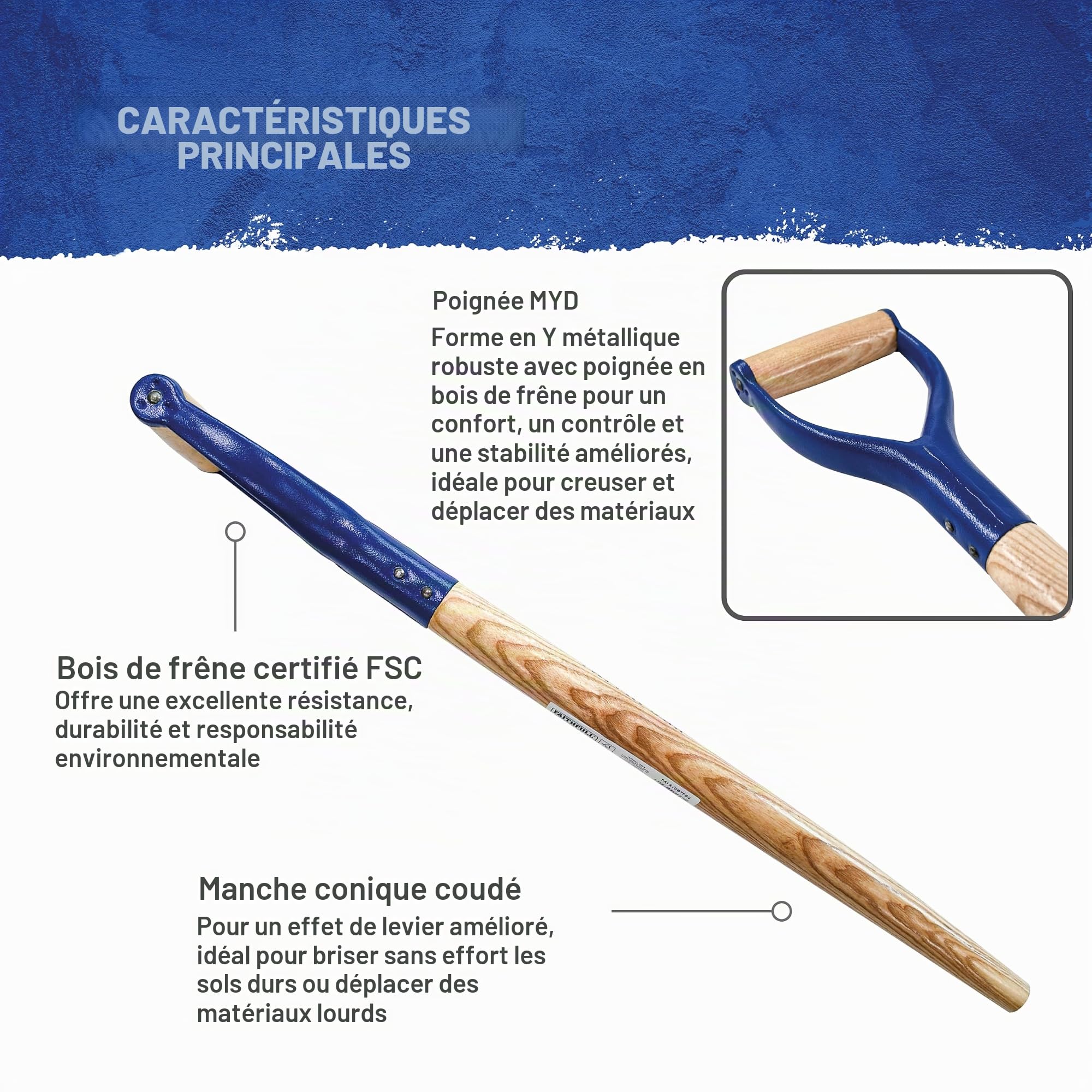 Manche de rechange Faithfull MYD conique courbé pour bêches, fourches et pelles – Bois de frêne - 71 cm (28 po)
