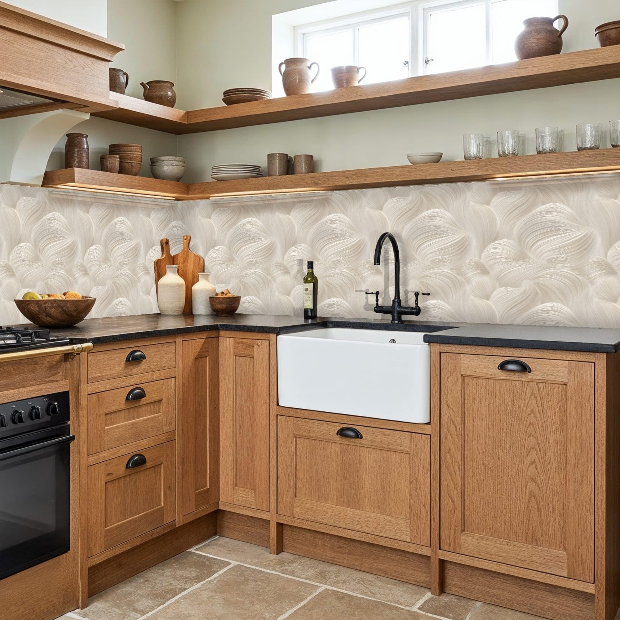 KitchenYeah© Crédence Cuisine À Coller 60x400 cm Protection Plaque De Cuisson Adhesif Plastique Rigide Dalle Murale Lines - Ventilateur - Beige
