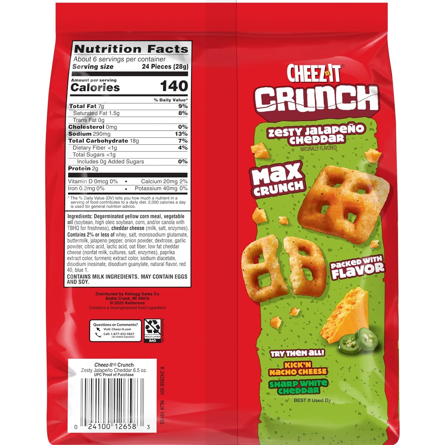 Cheez-It Crunch Cheesy Baked Snacks, Lunch Snacks, Zesty Jalapeno Cheddar (6 Bags)