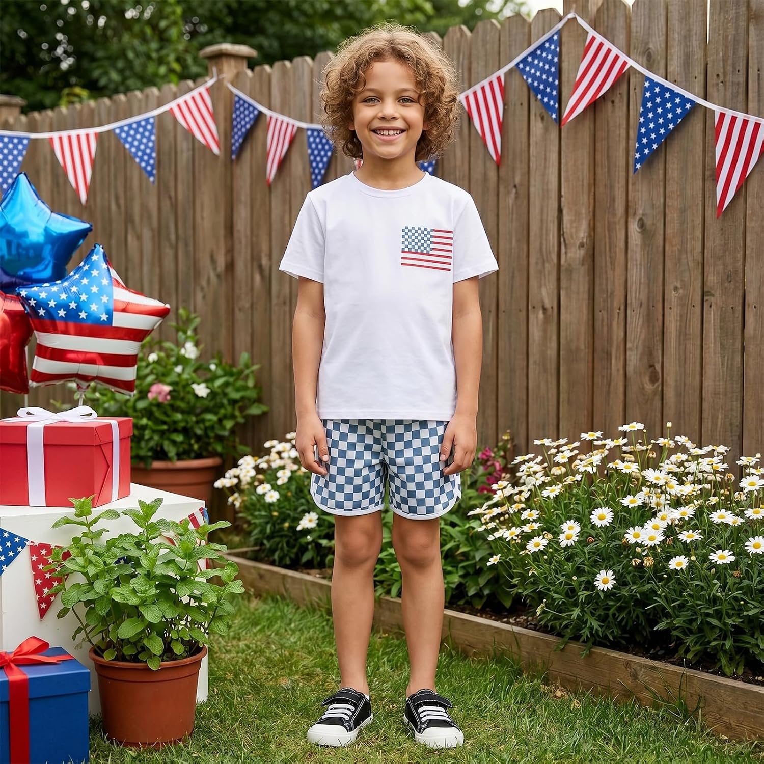 Boys 4th Of July Outfit Short Sleeve Flag Print T-shirt Plaid Shorts Independence Day 4th Of July Outfits For Boys