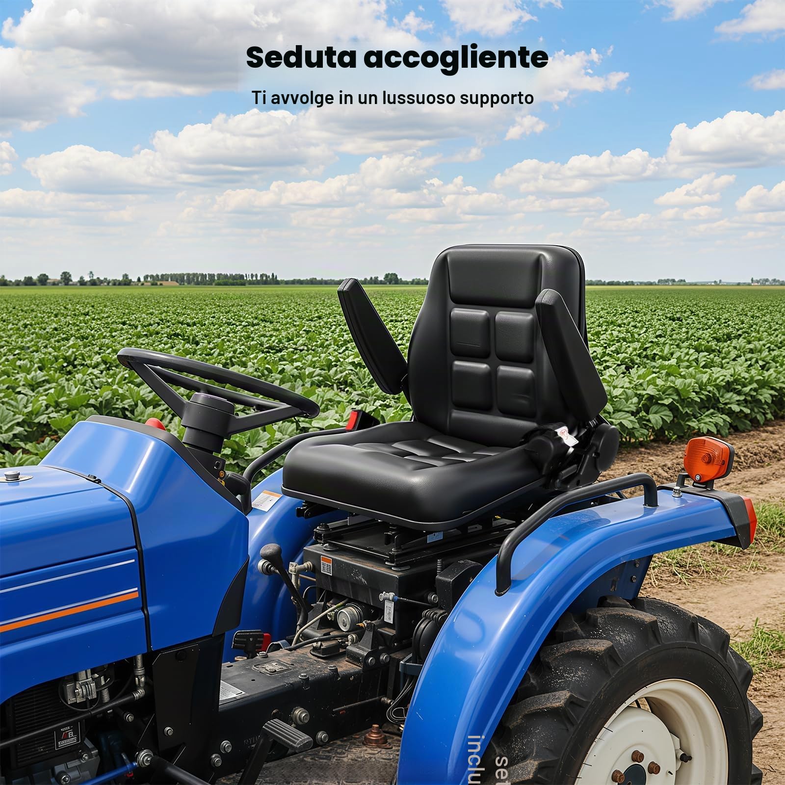 Sedile trattore universale con braccioli e cintura di sicurezza, schienale regolabile a 35 – 180°, portata 100 kg, per tosaerba, trattori, escavatori