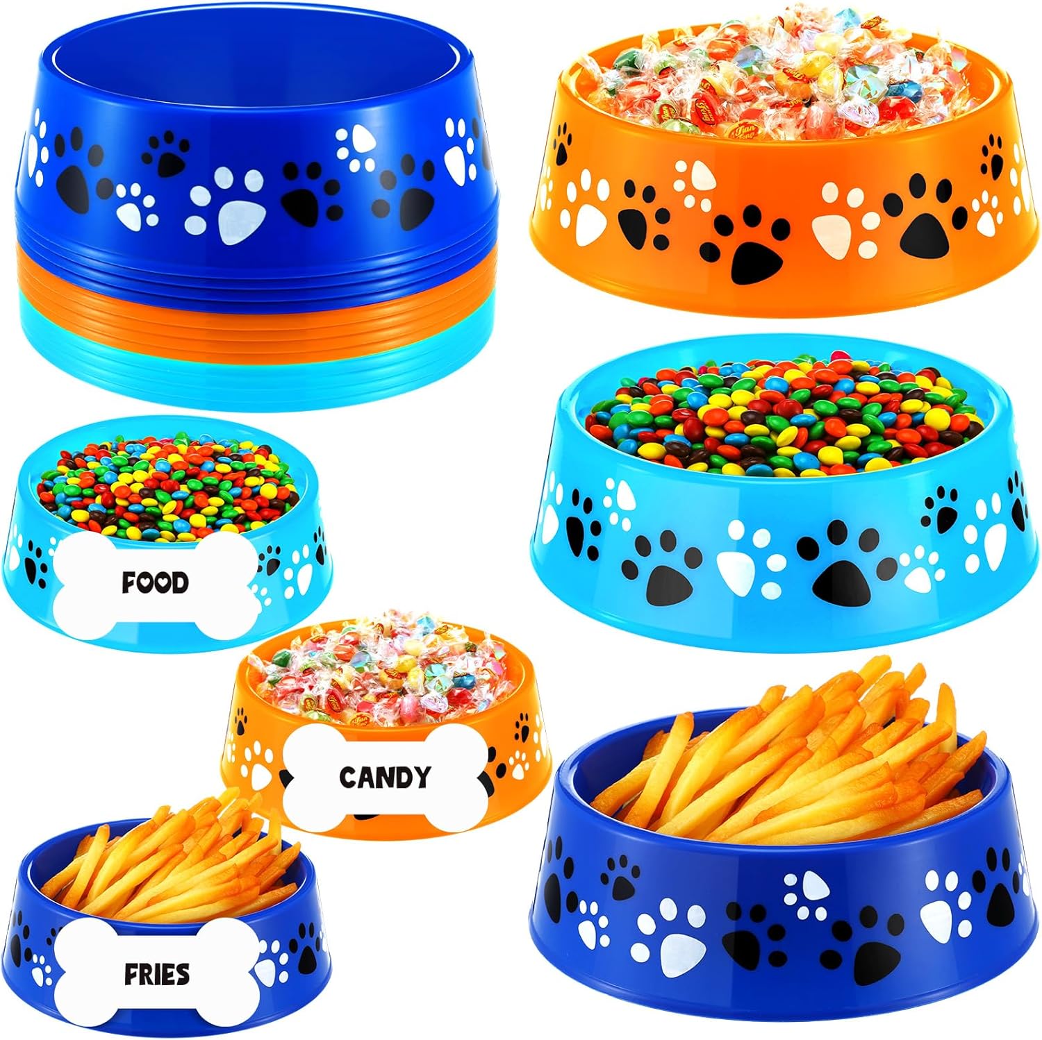 CroBlissful 12 Set Dog Paw Plastic Bowls Blue Dog Birthday Party Supplies Colorful Food Trays with Bone Cards Food Plates Paw Centerpieces for Pet Puppy Party Decorations (Blue and Orange)