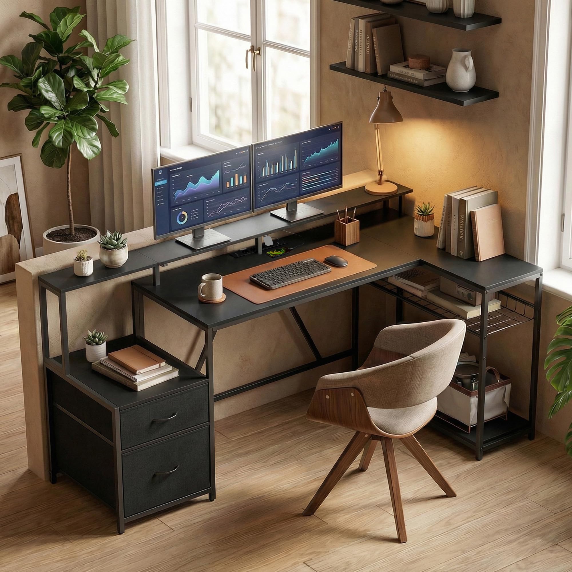 HOMCOM Scrivania Gaming Reversibile ad L con LED, 192.5cm Scrivania Angolare con Prese Elettriche, Supporto Monitor e CPU, 2 Cassetti in Tessuto per Documenti A4/Legale, per Casa Ufficio Studio, Nero