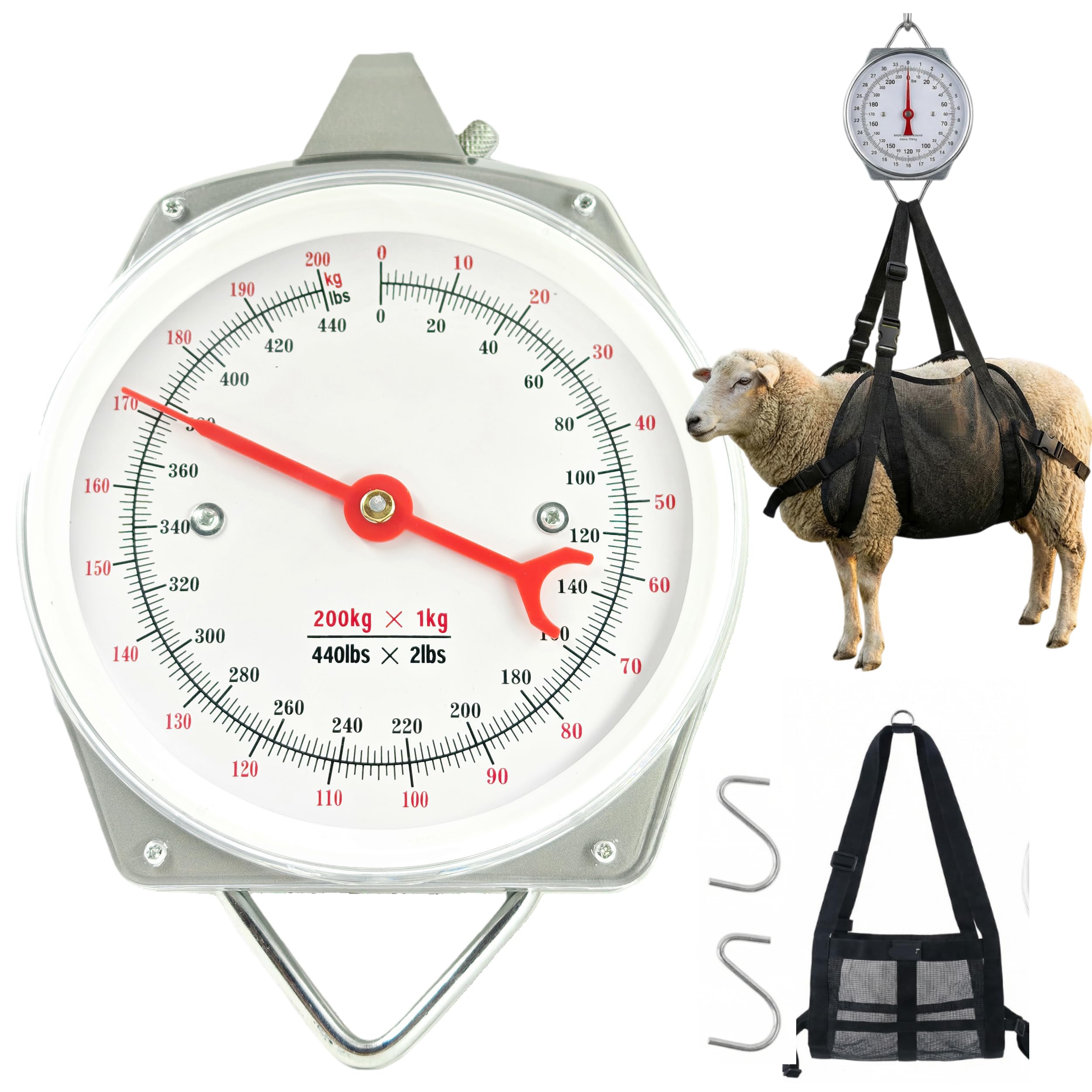 Balance mécanique suspendue de 200 kg avec sangle de mollet | Kit de pesée des animaux 2 en 1 pour veaux, chèvres, moutons, chiens | Cadran à ressort robuste et facile à lire pour ranch de ferme.