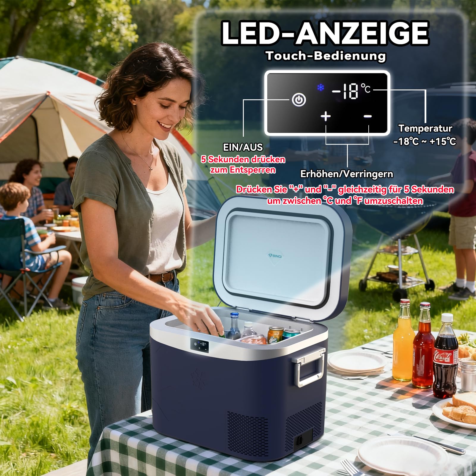 BINGI przenośna lodówka elektryczna 18 l, 12/24 V DC, elektryczna zamrażarka, przenośna zamrażarka do samochodu, ciężarówki, na piknik, kemping i do użytku domowego