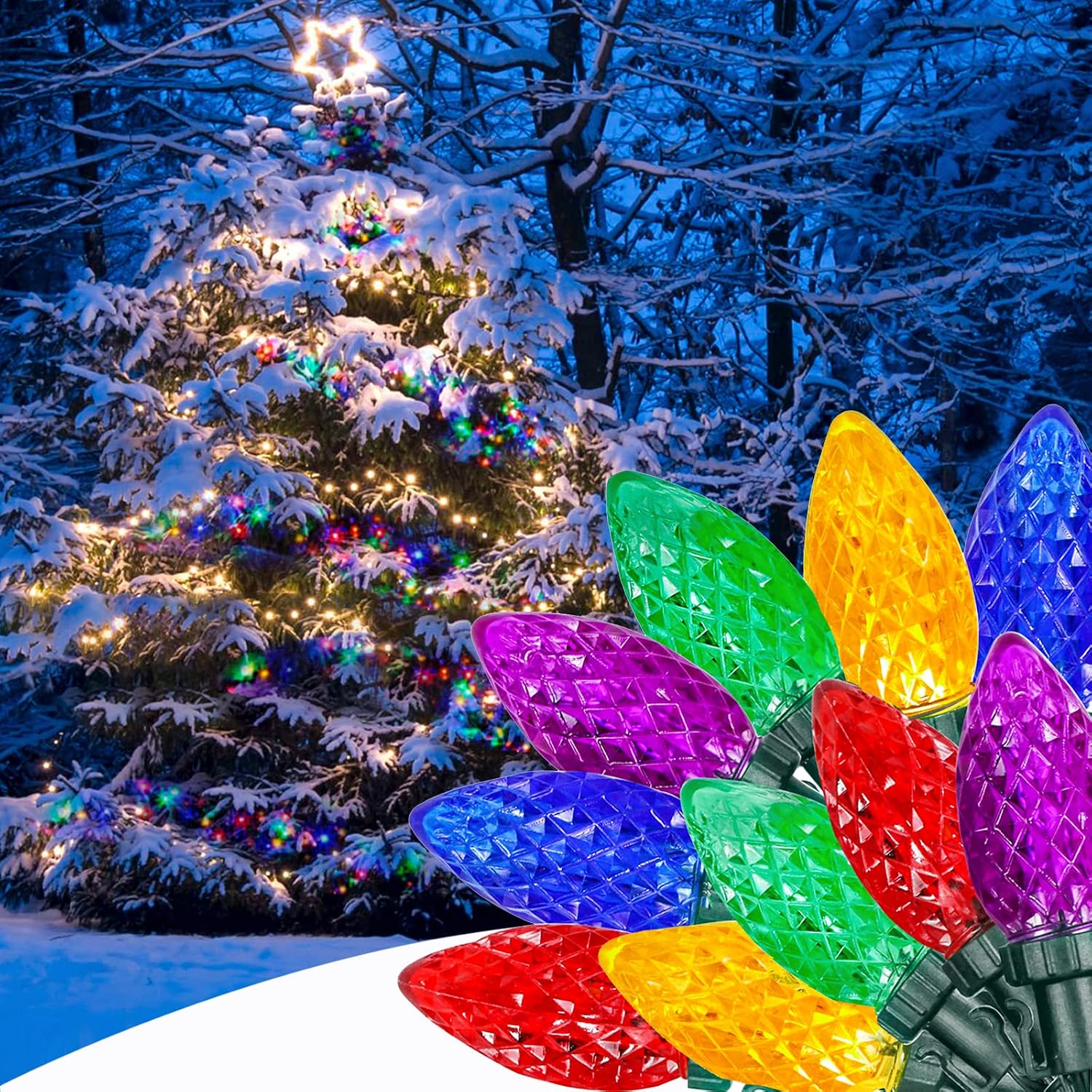 BHCLIGHT C9 Christmas Lights Outdoor, Extendable 33 FT 50 LED String Lights Plug in, UL Safe, Green Wire Christmas Decorations for Patio Xmas Tree Wedding Party Decoration（Multi-Color）