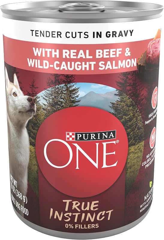 Ração úmida para cães adultos Purina ONE True Instinct com carne bovina e salmão selvagem, pacote com 12 latas de 369 g