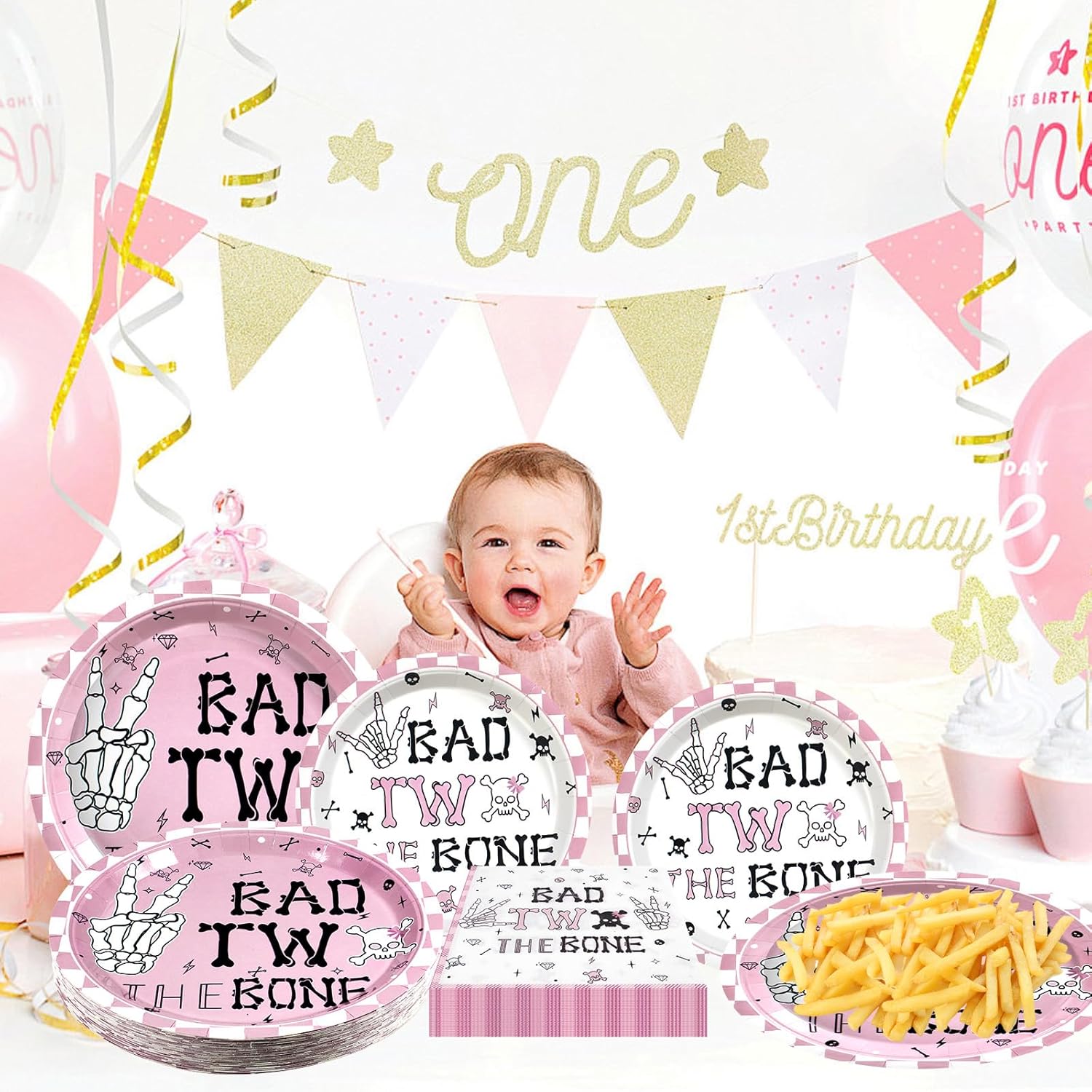 180pcs Bad Two the Bone Party Supplies Serve 60,Rock and Roll 2nd Birthday Plates and Napkins Set for Girl Birthday Party Decorations