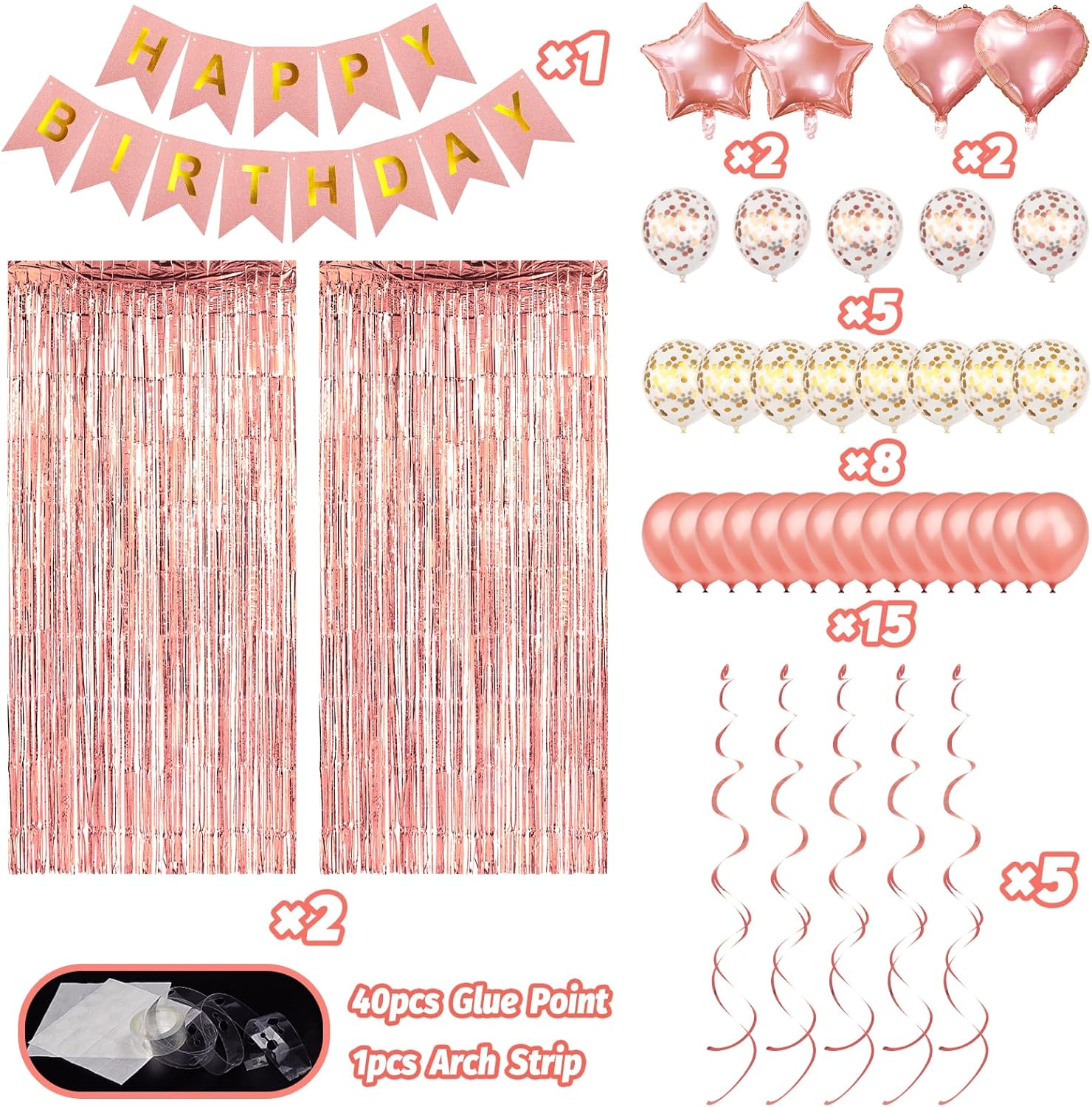 Rose Gold Birthday Decorations - Happy Birthday Banner, Confetti Balloons, Fringe Curtain, Heart Star Foil Balloons, Hanging Swirls for Princess Party - Image 2