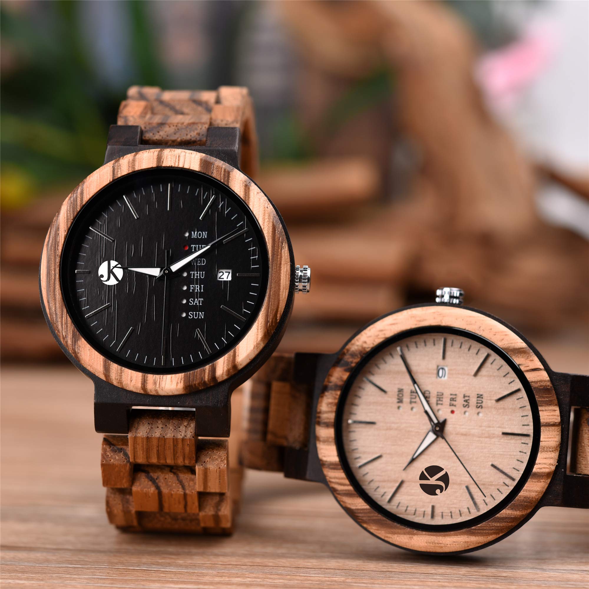 Kim Johanson Herren Holz-Edelstahl Armbanduhr *Dark Week* mit Datum- & Tagesanzeige Handgefertigt Quarz Analog Uhr inkl. Geschenkbox