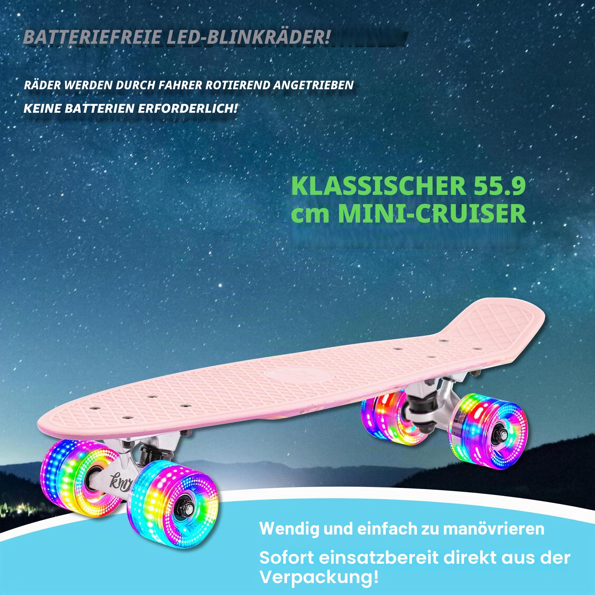 KMX 22 und 27 Zoll Classic Mini Cruiser Skateboard für Kinder, Schüler, Erwachsene, Anfänger & Pro. Alu Achsen, ABEC-9 Lage, Große 60mm Rollen