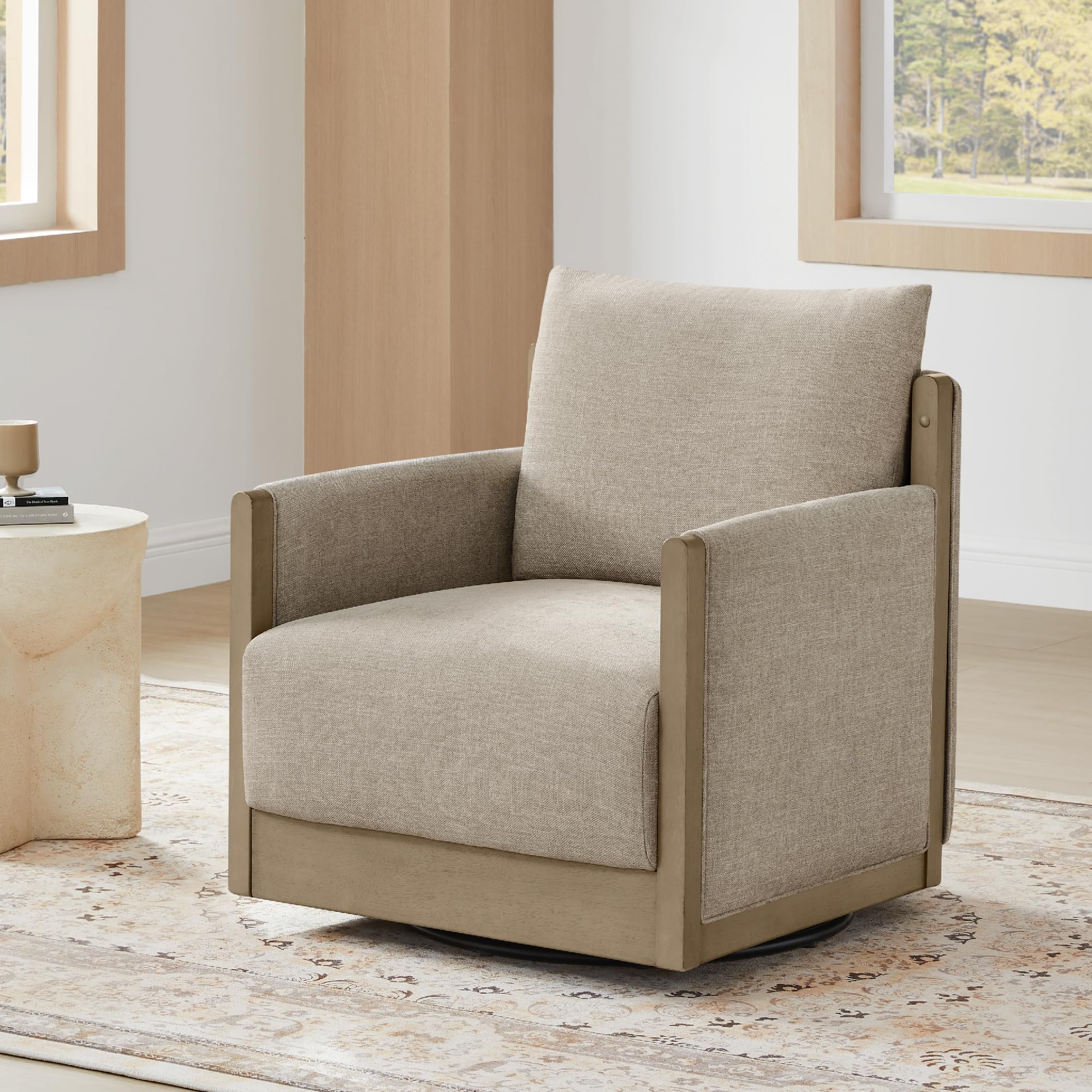 CHITA Swivel Accent Chair, Living Room Arm Chair, Mid Century Modern Reading Chair, Barrel Chair, Fabric in Khaki