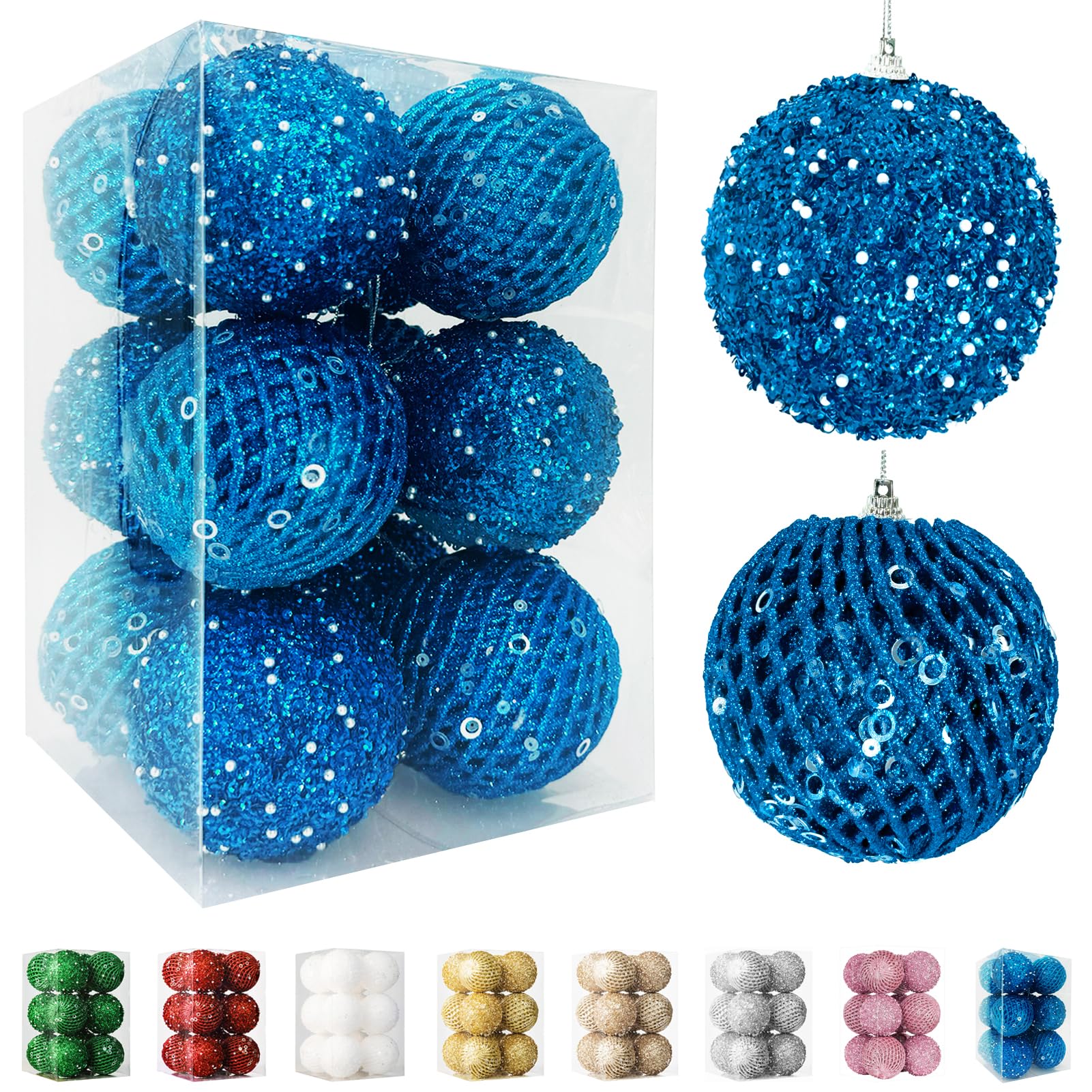 Fassory 12Pcs 8CM Blue Christmas Baubles, Xmas Balls Hanging Ornaments for Christmas Tree Decorations (Blue, 8cm)