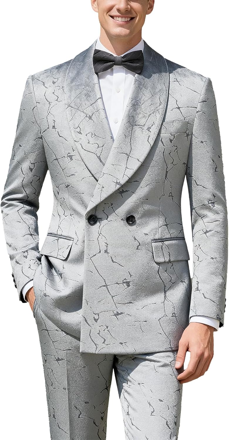 UNINUKOO Men's 2 Piece Suit Set Velvet Skinny Luxury Floral Dress Clothes Shawl Lapel Formal Party Wedding Tuxedo for Men