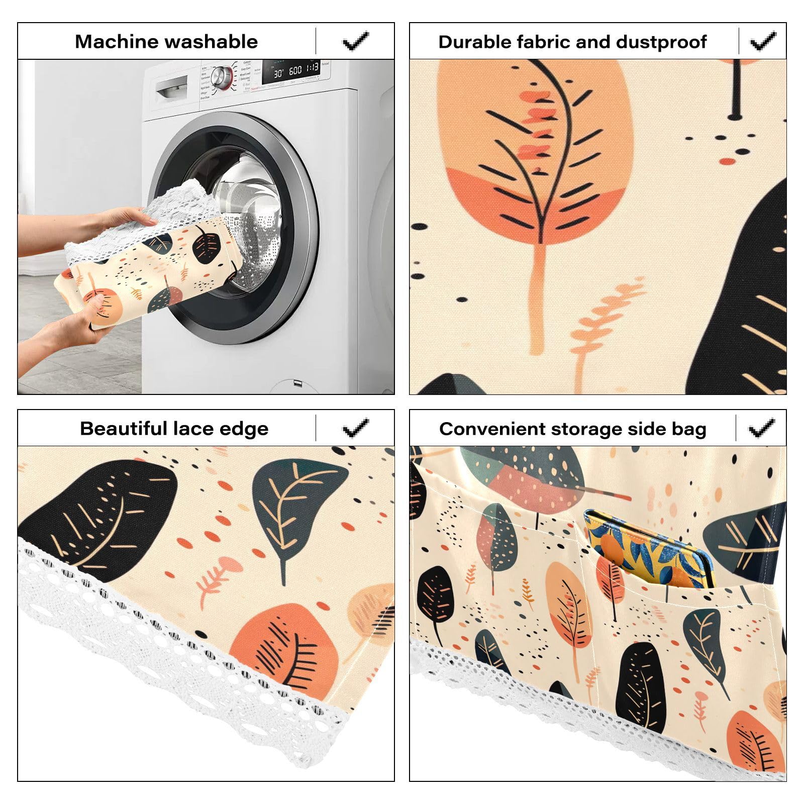 BOESI Doodle Feathers and Colorful Dots Washer and Dryer Cover, 51.2x22in Refrigerator Dust Cover, Appliance Non-Slip Protective Cover Fabric with 4 Storage Bags