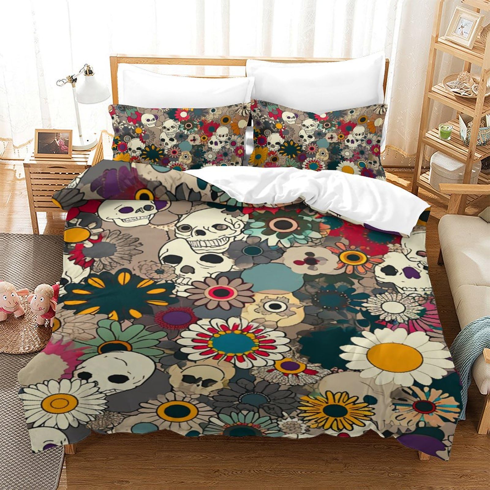 Housse de couette crâne 3D 140x200cm en microfibres avec 2 taies