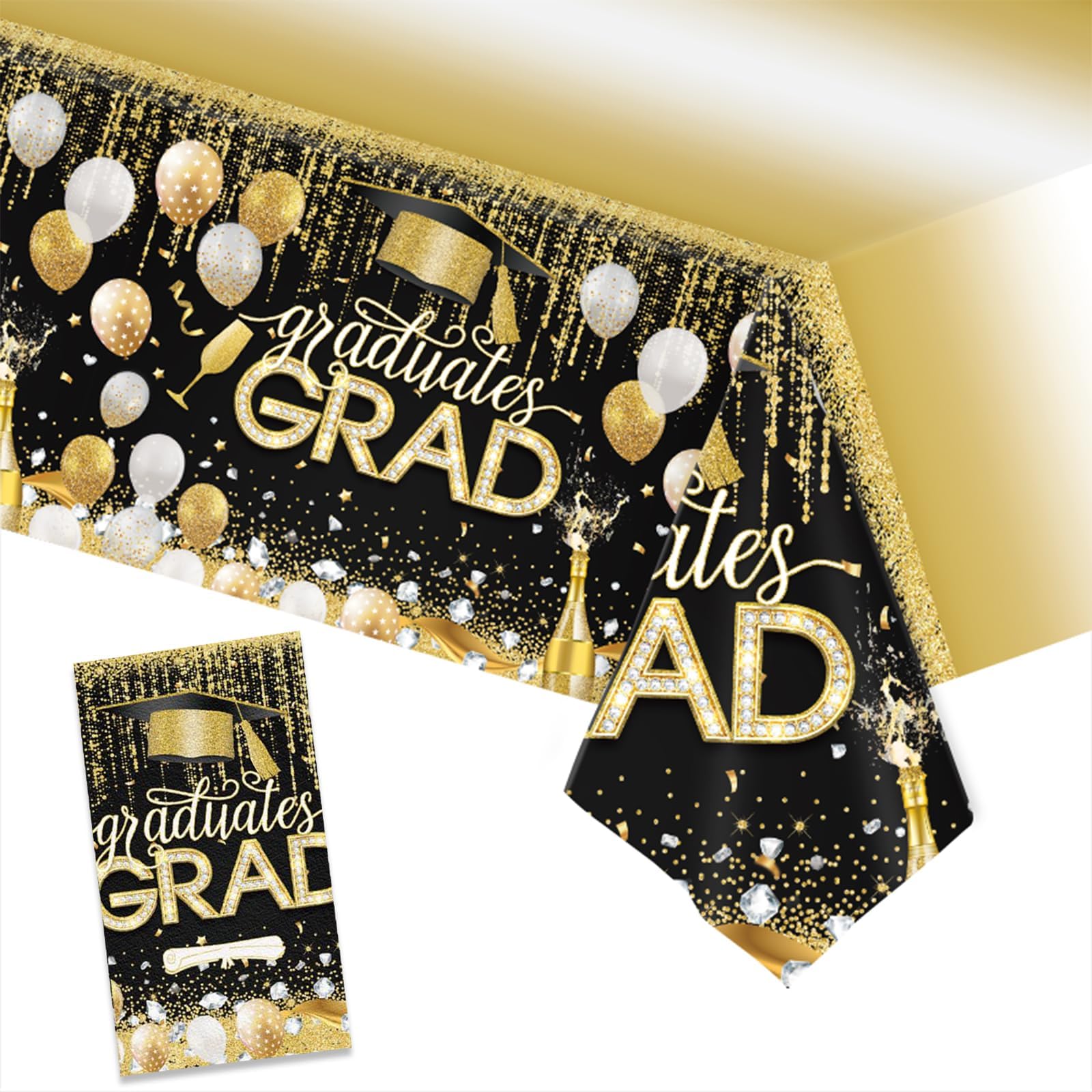 Femihua Black/Gold Graduation Tablecloth Decorations, Class Of 2026 Graduates Grad Letters Decorations 54X108 Inch Table Cover, Graduation Party For College High School Kindergarten Party Supplies