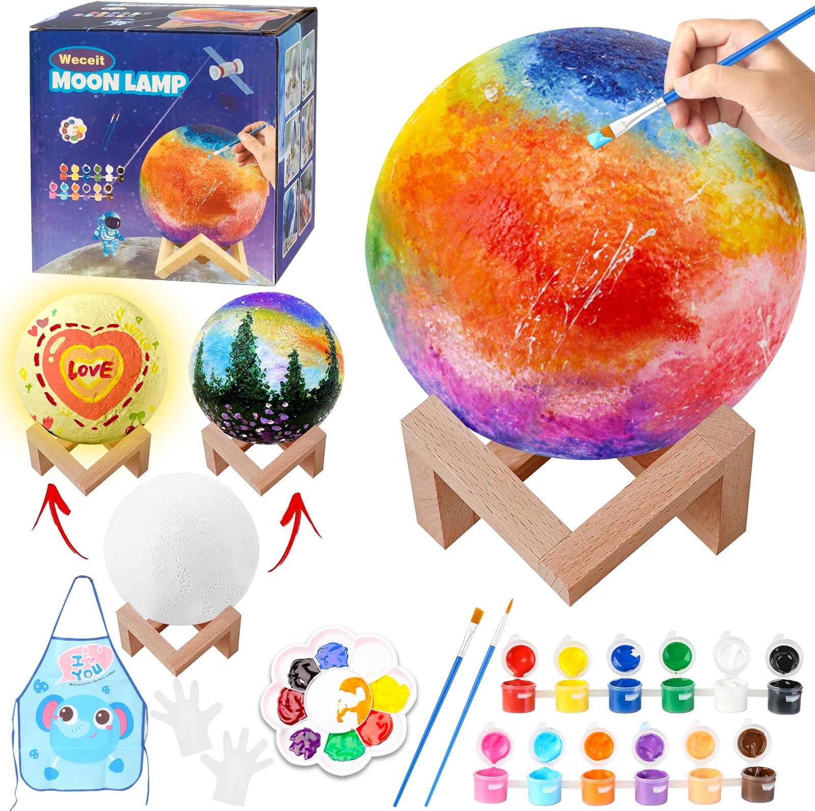 Weceit Paint Your Own Moon Lamp Kit, 3D DIY Galaxy Moon Light with 12 Non-Toxic Watercolor Paints, Arts and Crafts for Kids Ages 8-12, Perfect Christmas Birthday Gift for Boys Girls