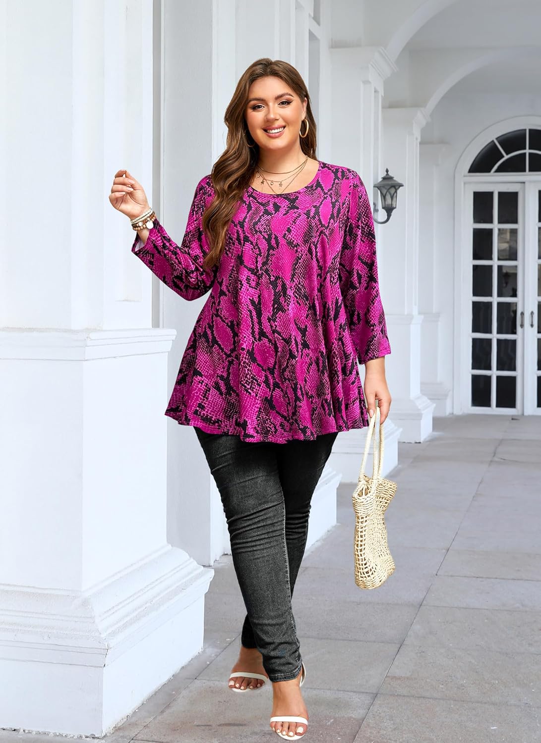Womens Tunic 3/4 Sleeve Plus Size Tops Crew Neck Swing Flowy Loose Fit T-Shirt Blouses to Wear with Leggings - Image 3