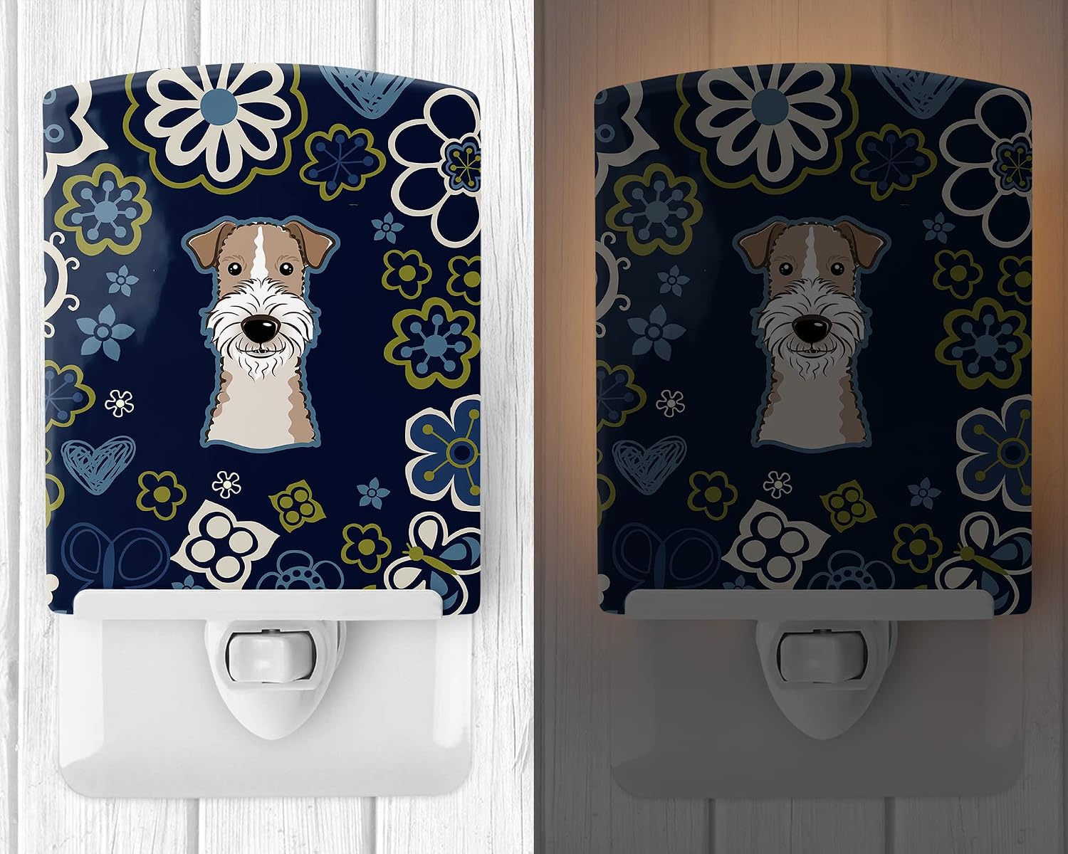 Caroline's Treasures BB5098CNL Blue Flowers Wire Haired Fox Terrier Ceramic Night Light Compact, UL-Certified, Ideal for Bedroom, Bathroom, Nursery, Hallway, Kitchen, 6x4x3, Multicolor image 2