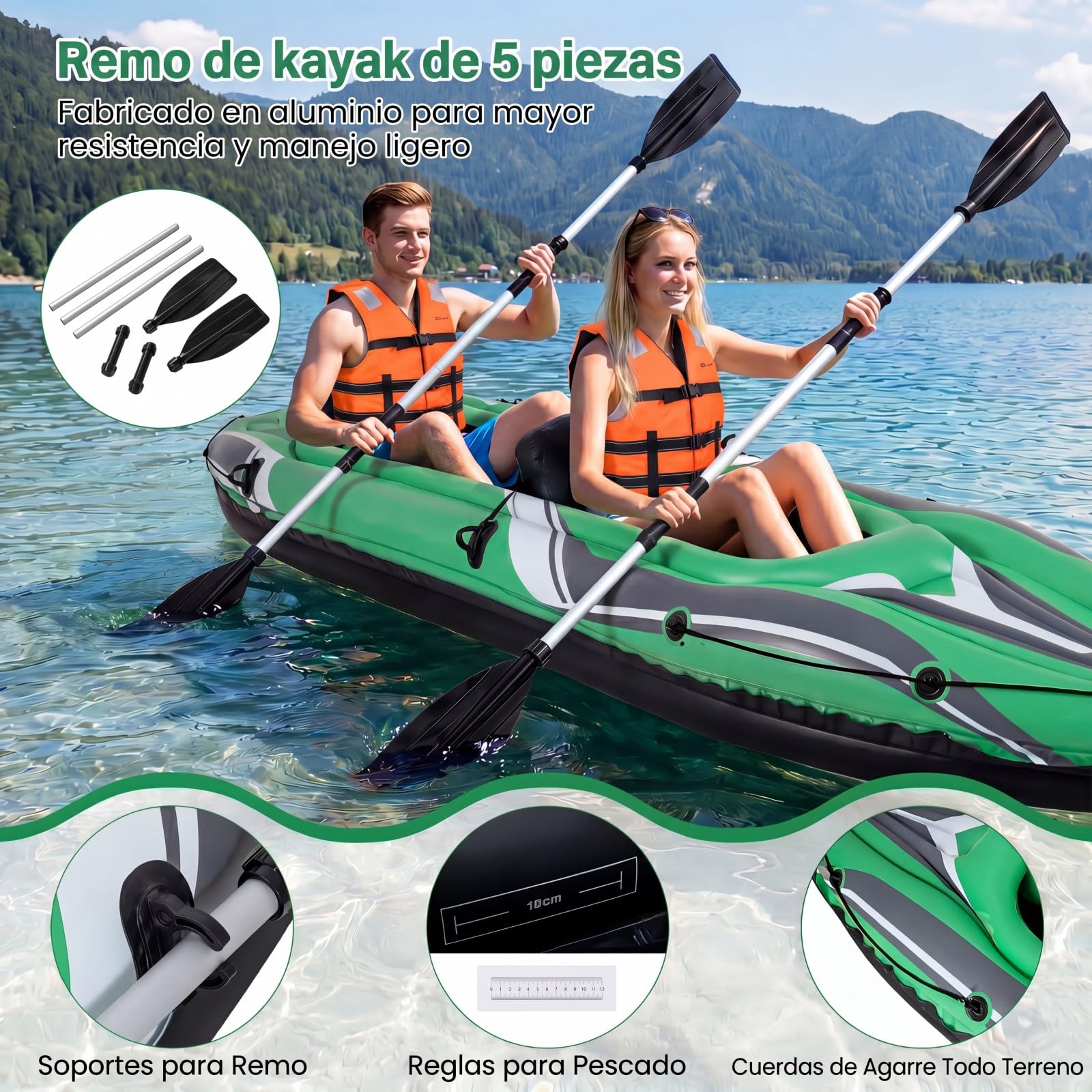 COSTWAY Kayak Hinchable 2 Plazas, Barca Hinchable con Remos de Aluminio, Asientos y Reposapiés Hinchables, Kayak Inflable para 2 Personas con Bomba Manual para Adultos, Carga 160 kg, 350 x 78 x 47 cm
