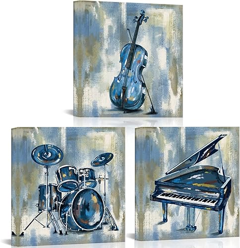 KLVOS Arte de pared musical para dormitorio, instrumento musical, piano, guitarra, batería, impresiones en lienzo estiradas con temática musical
