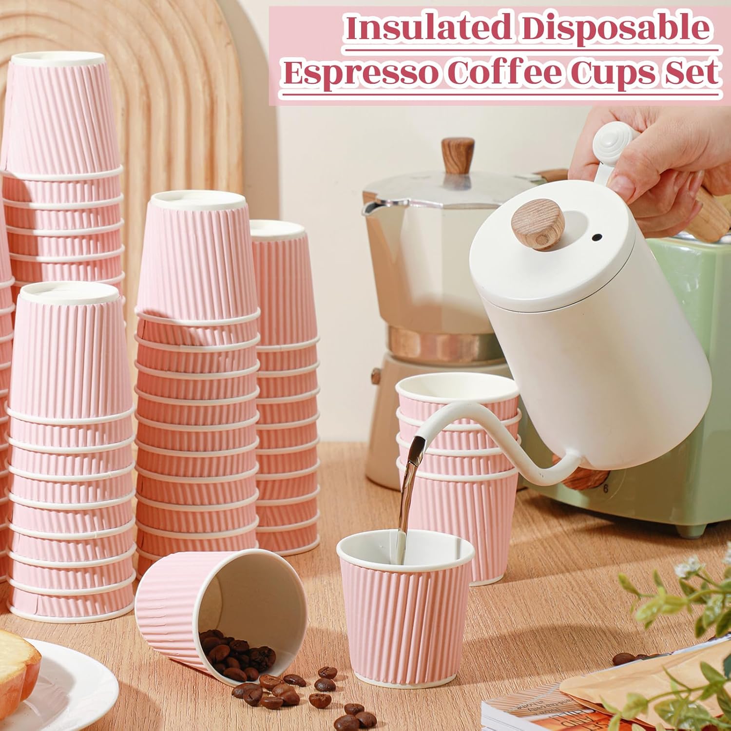 Yaomiao 200 Pcs 4 oz Disposable Espresso Coffee Cups Ripple Corrugated Paper Insulated Hot Cups for Party Cold Drinks Hot Beverage Tea(Pink) - Image 4
