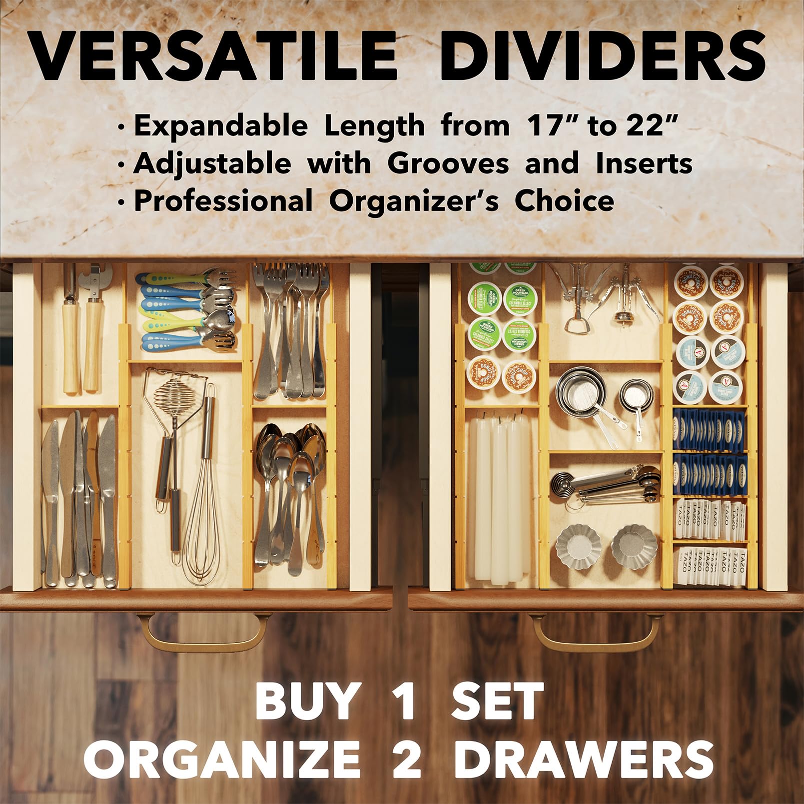 SpaceAid Divisori per cassetti in bambù con inserti ed etichette, organizer regolabili per cassetti da cucina, organizzazione espandibile per casa, ufficio, cassettiere, 7 divisori con 15 inserti