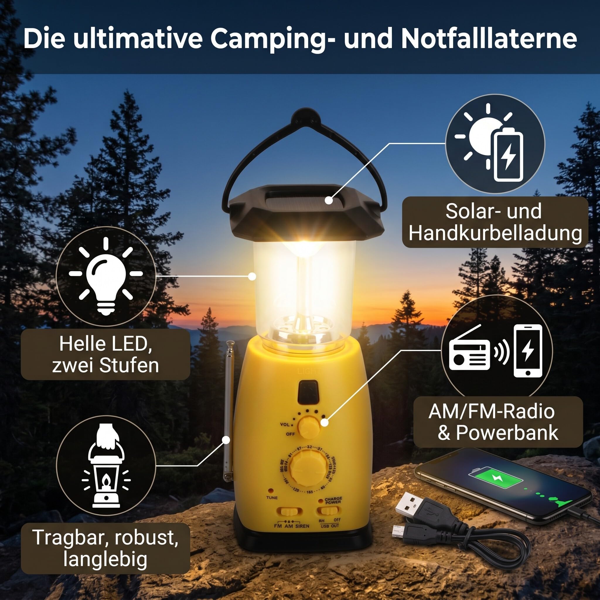 Radio de manivela solar multifuncional con linterna LED, cargador USB para teléfono y lámpara portátil para acampada, 2 niveles de brillo