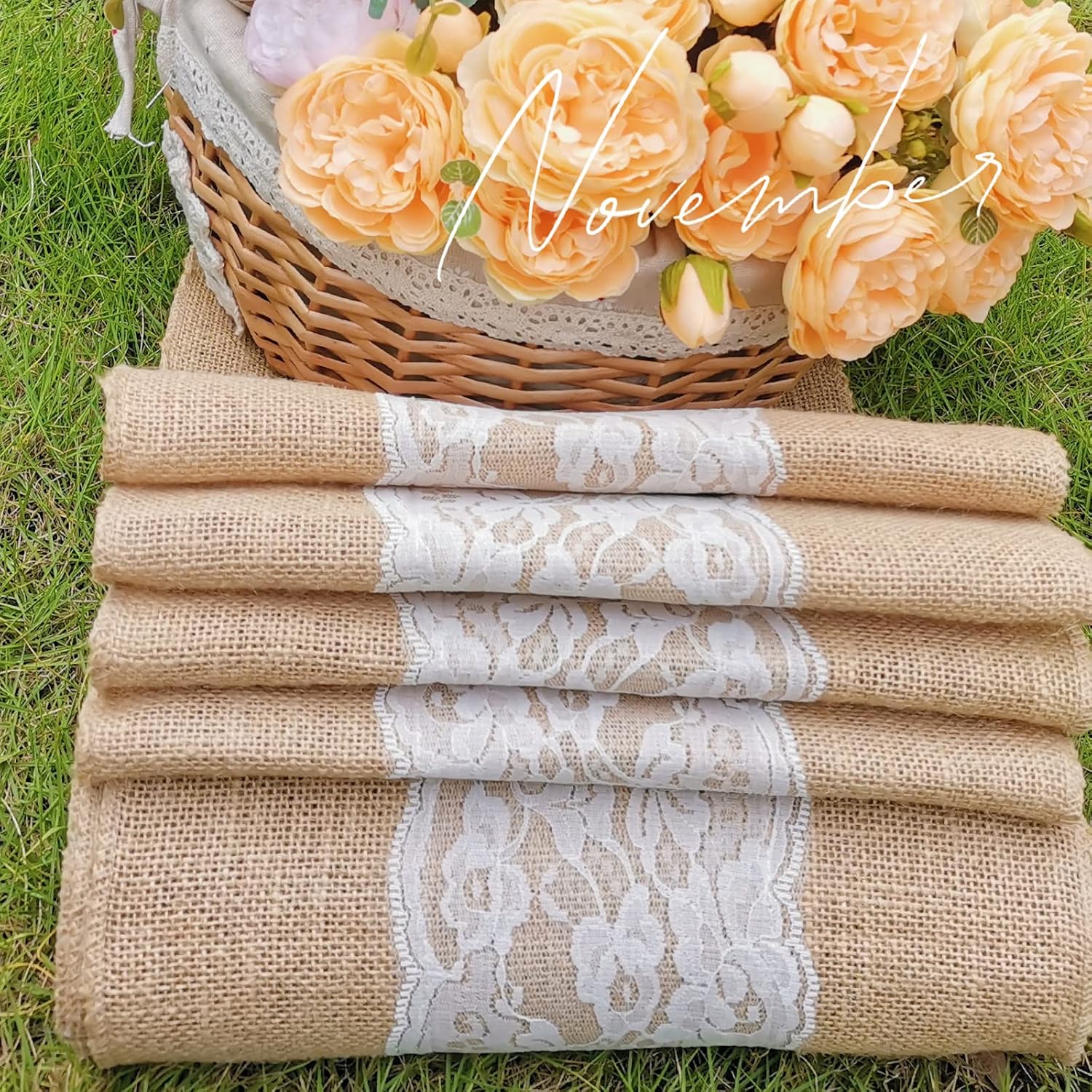 Burlap Table Runner with Lace, 12' x 360' Long, Rustic Natural Burlap Fabric Roll with Middle Hallow Out Lace for Wedding Party Dining Shower Home Decor, 10 Yards