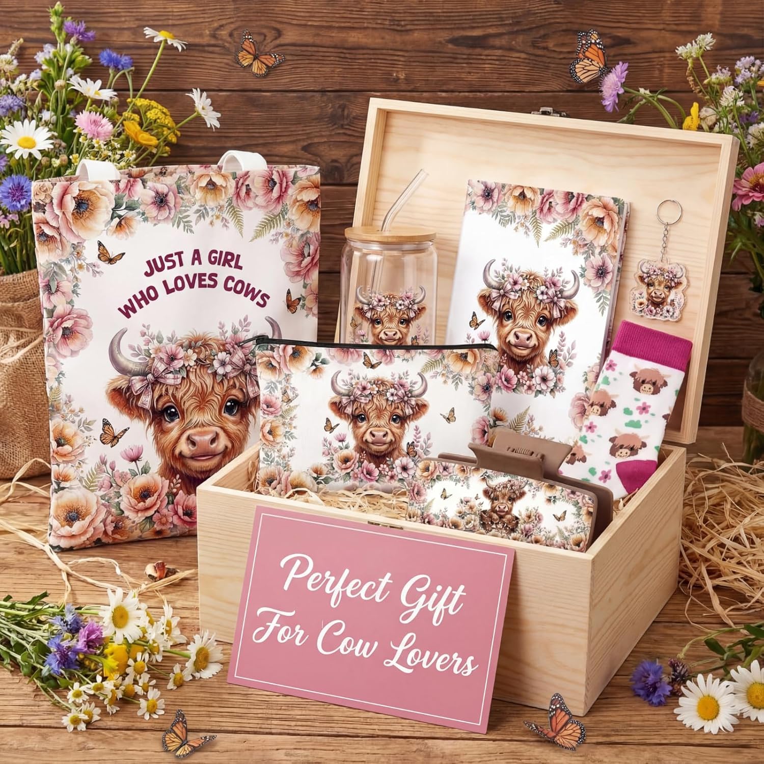Skylety 8 Pcs Flowers Highland Cows Gifts for Women Include 16 oz Glass Cup with Lid and Straw, Canvas Tote Bag Keychain Hair Claw Clips Socks Card Girl Toiletry Bag Lover for Highland Cows Lover
